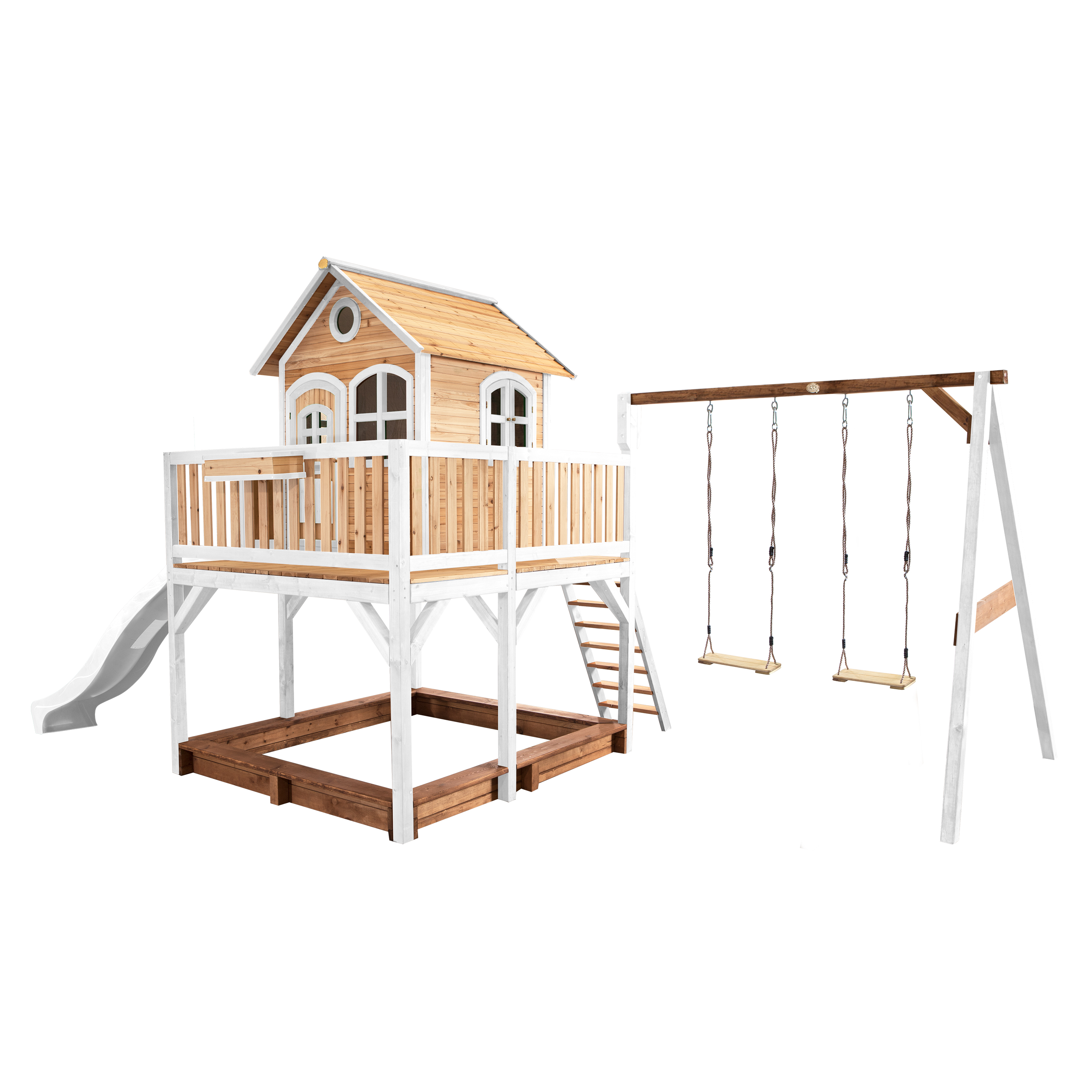 AXI Liam Playhouse with Double Swing Set Brown/White - White Slide-8717973933540 AXI Liam Playhouse with Double Swing Set Brown/White - White Slide