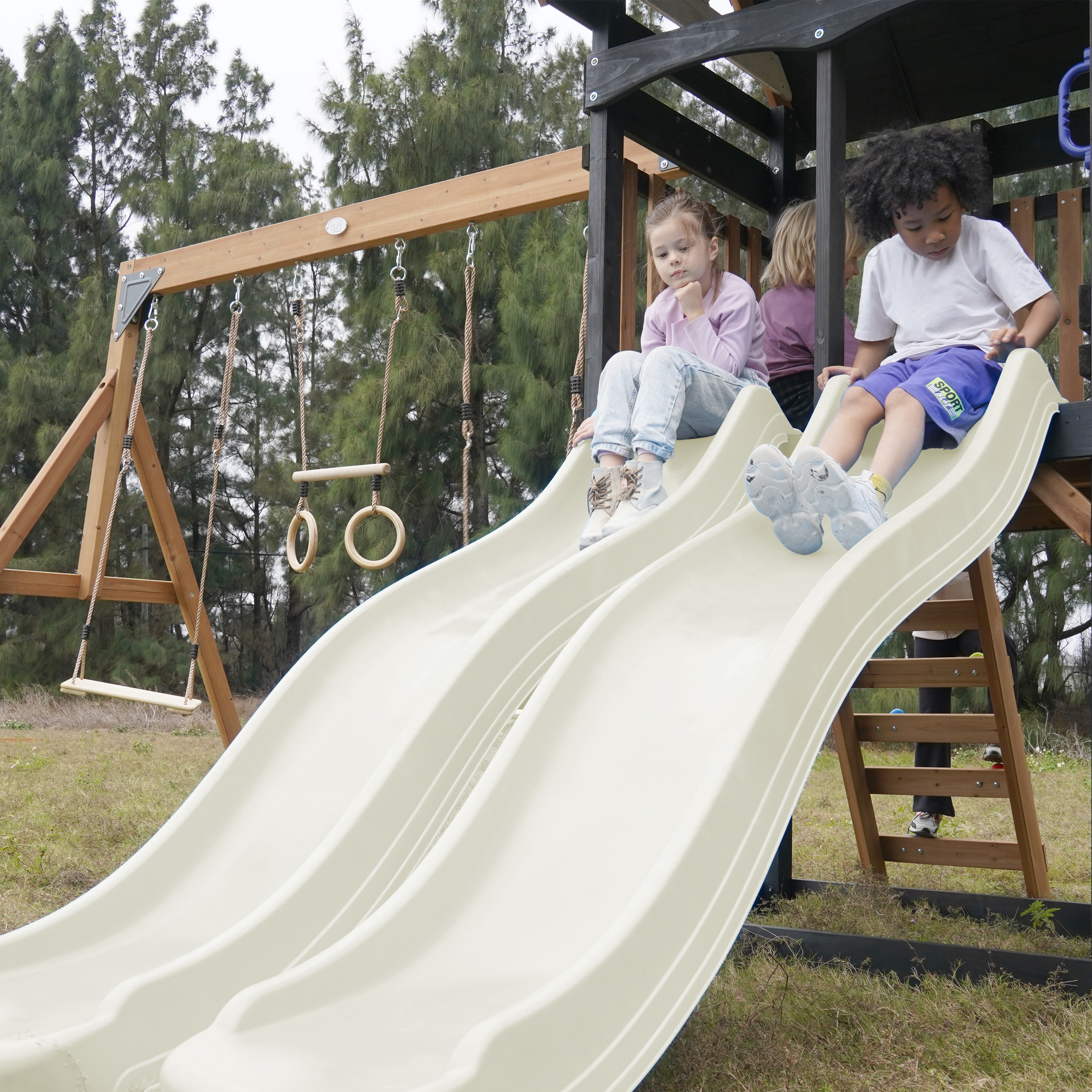 AXI Cody Climbing Frame with Swings, Trapeze and Climbing Wall – Cream Double Slide and Tube Slide