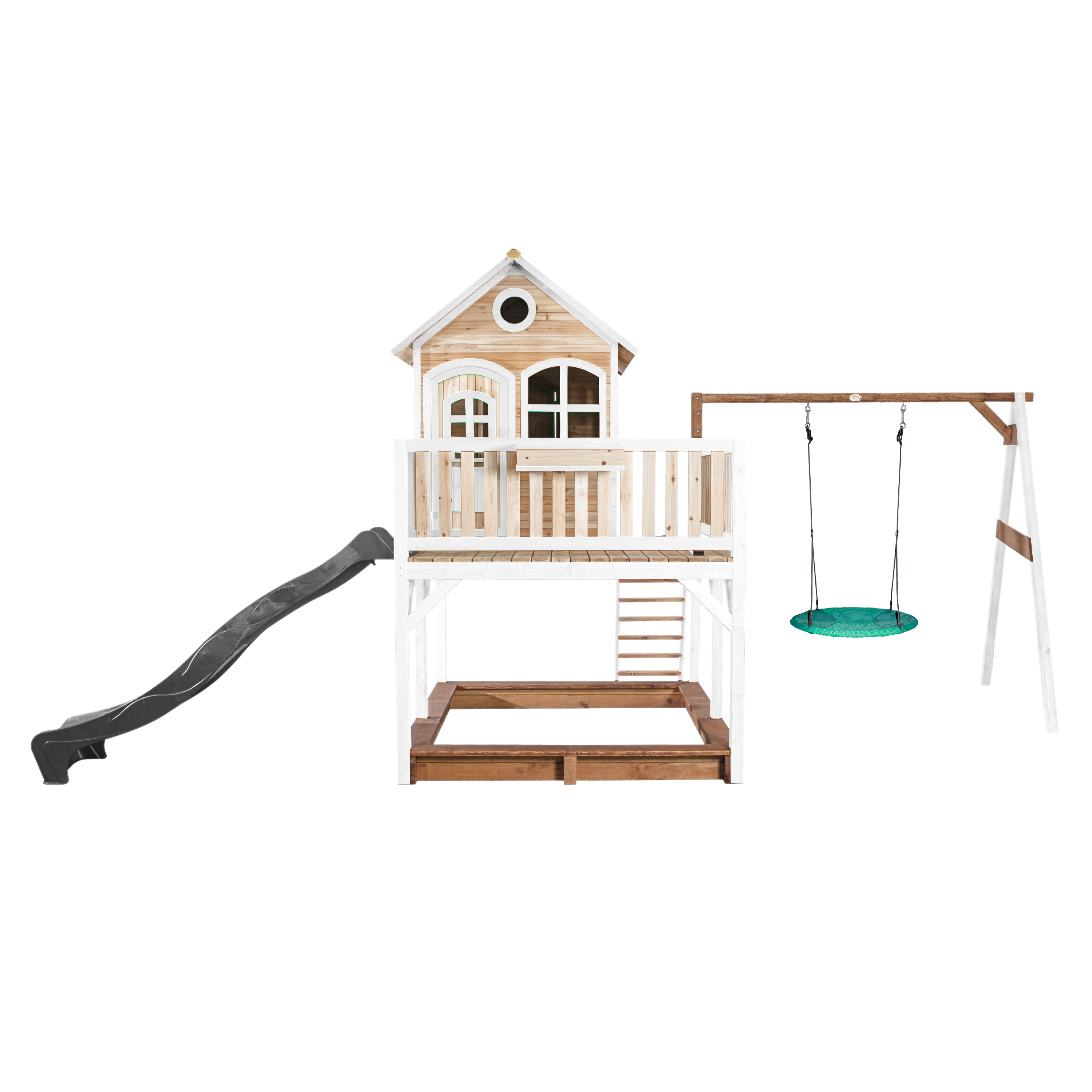 AXI Liam Playhouse with Summer Nest Swing Set Brown/White - Grey Slide-8717973937524 AXI Liam Playhouse with Summer Nest Swing Set Brown/White - Grey Slide