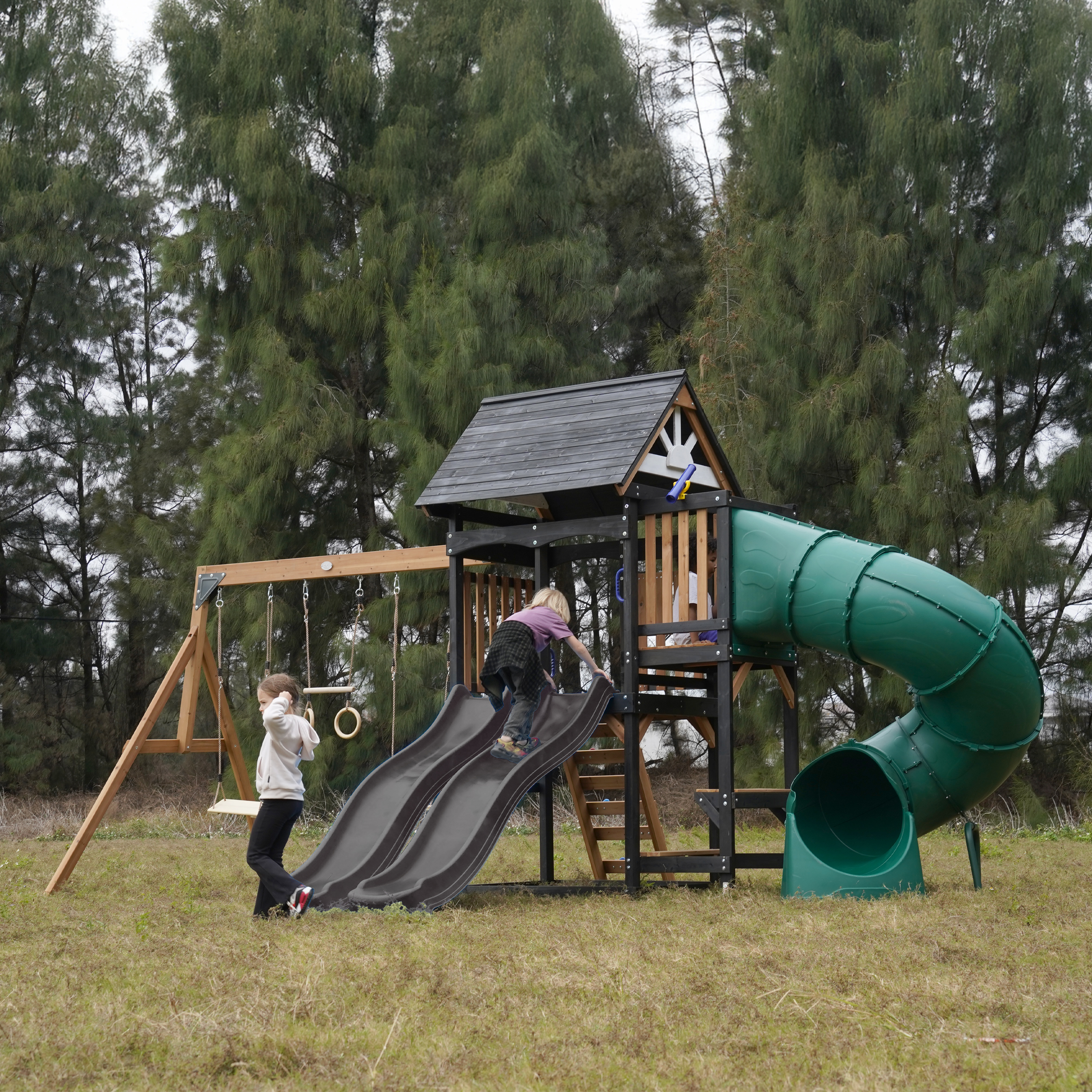 AXI Cody Climbing Frame with Swings. Trapeze and Climbing Wall – Grey Double Slide and Tube Slide