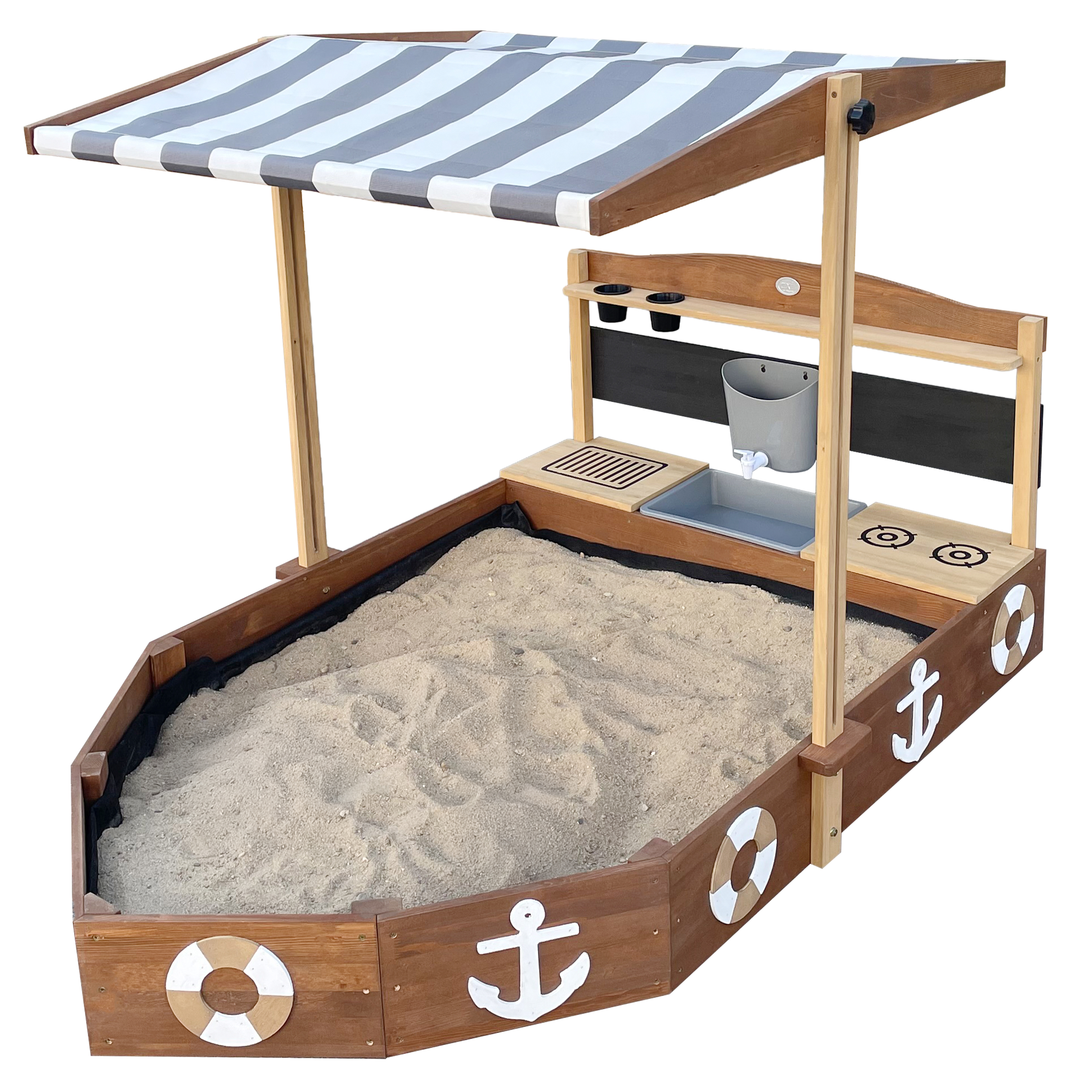 AXI Dora Boat Sandbox with Play Kitchen and Roof 160 x 100 cm Brown/Anthracite