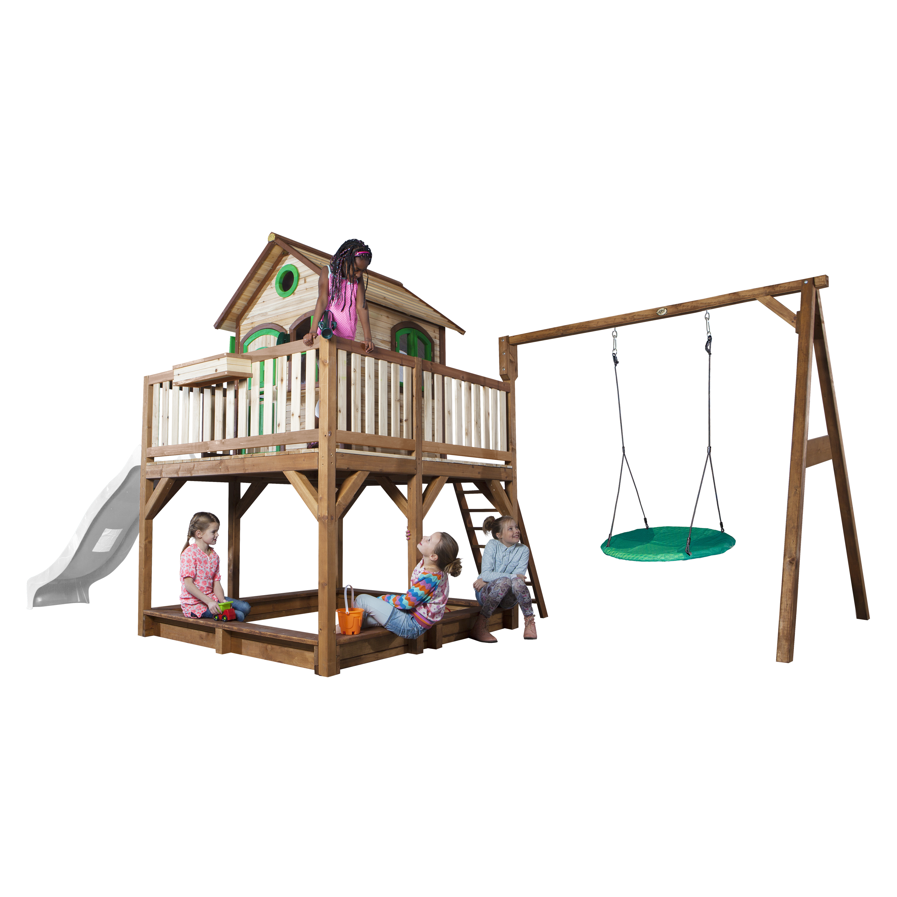 AXI Liam Playhouse with Summer Nest Swing Set Brown/Green - White Slide