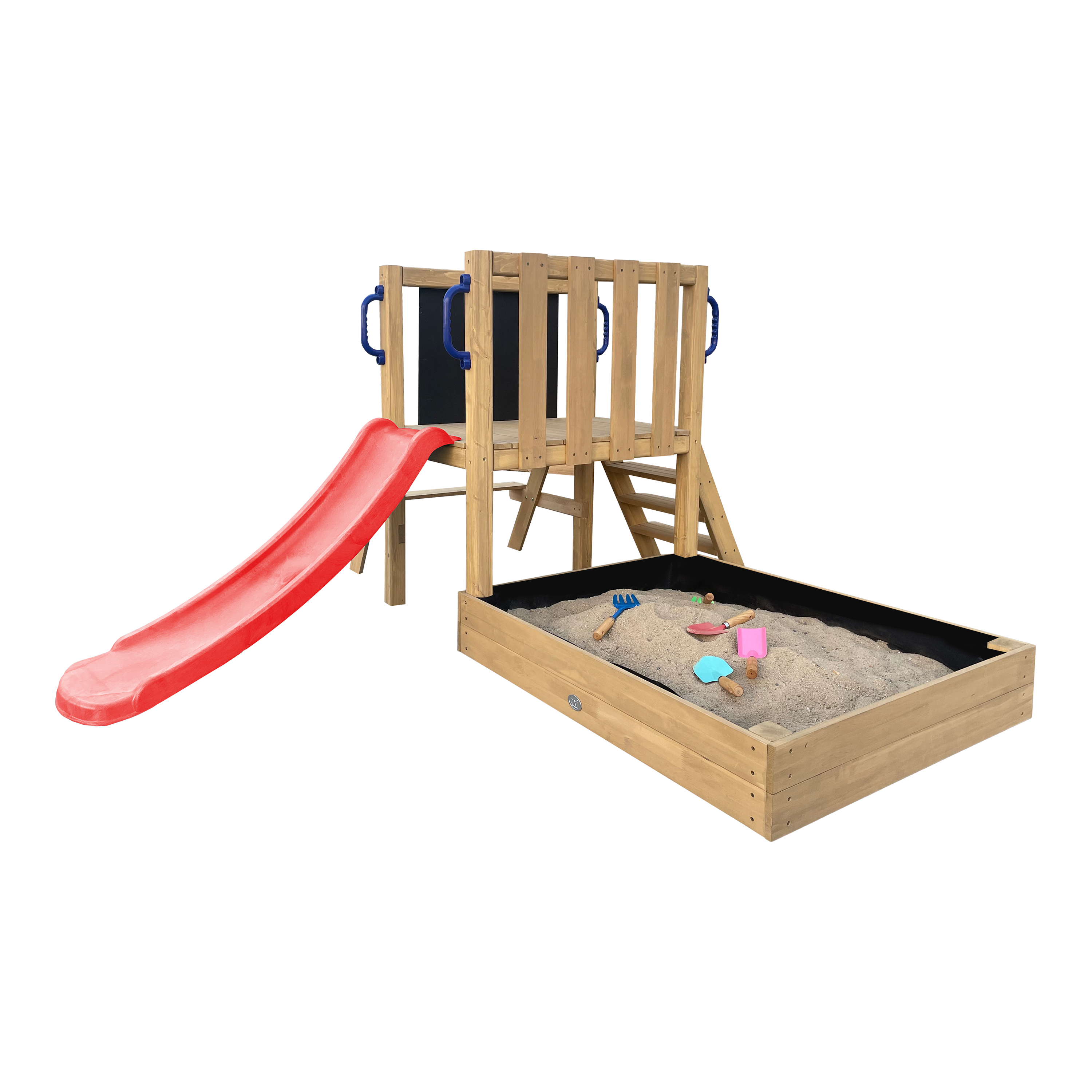AXI Leah Mini Wooden Playtower with Sandbox. Picnic Table & Chalkboard – Red Slide