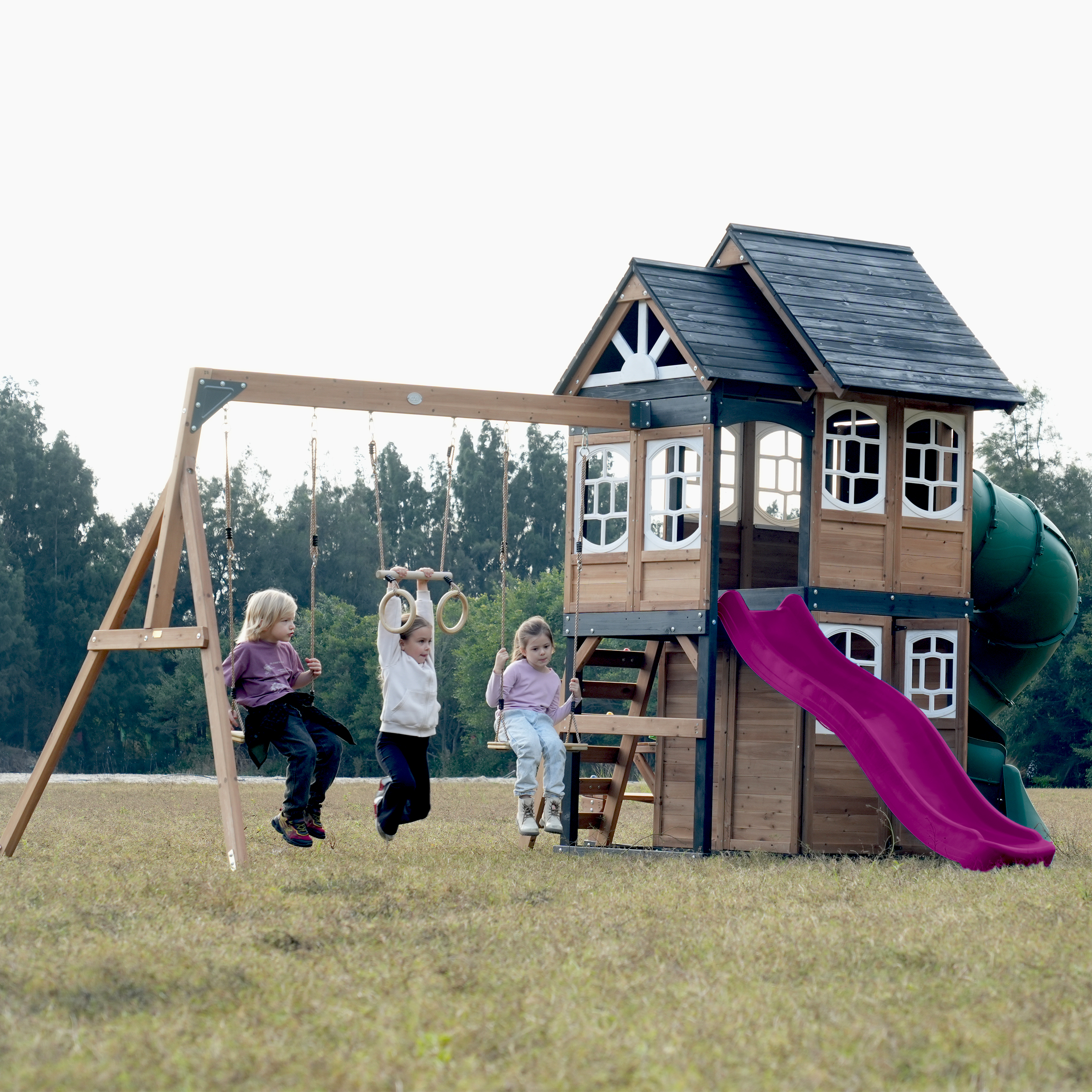 AXI Noud Climbing Frame with Playhouse, Swings, Trapeze and Climbing Wall – Purple Slide and Tube Slide