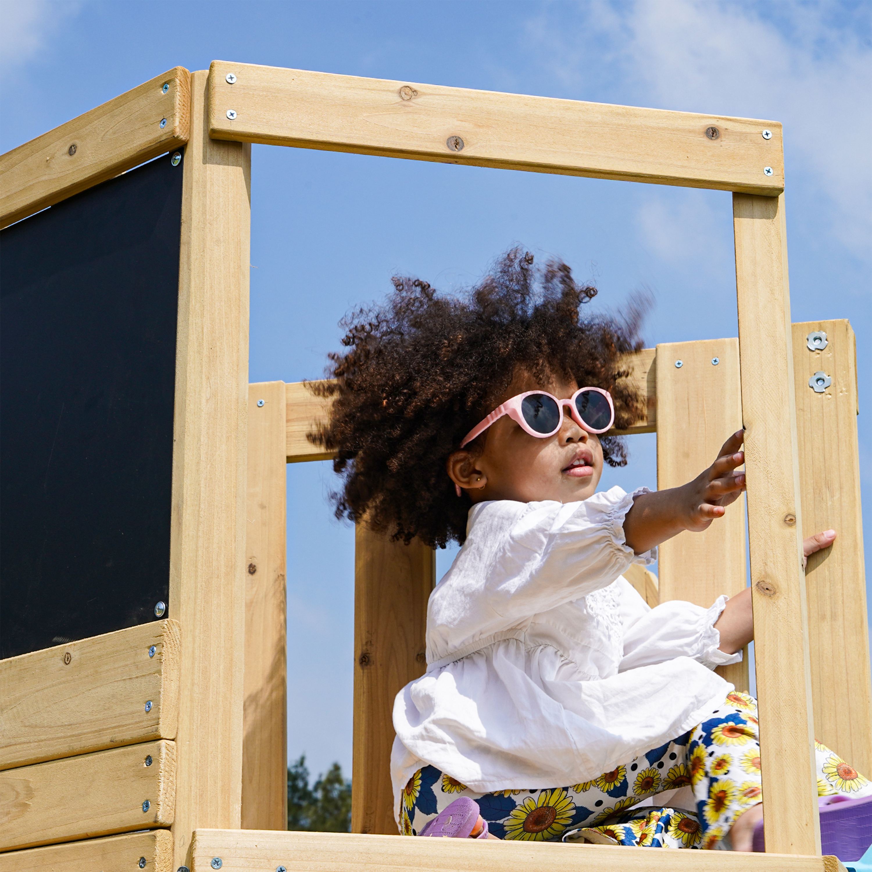 AXI Timo Mini Climbing Frame with Baby Swing. Climbing Wall and Chalkboard – Blue Slide