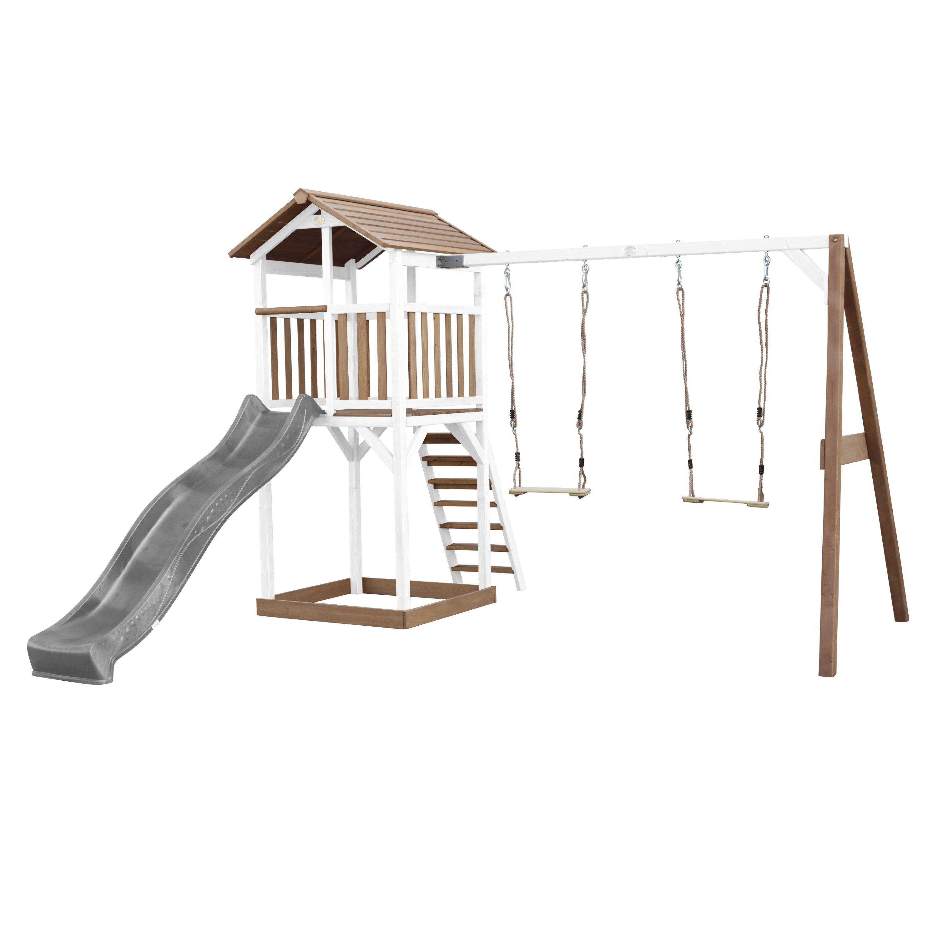 AXI Beach Tower with Double Swing Set Brown/White - Grey Slide-8717973939306 AXI Beach Tower with Double Swing Set Brown/White - Grey Slide