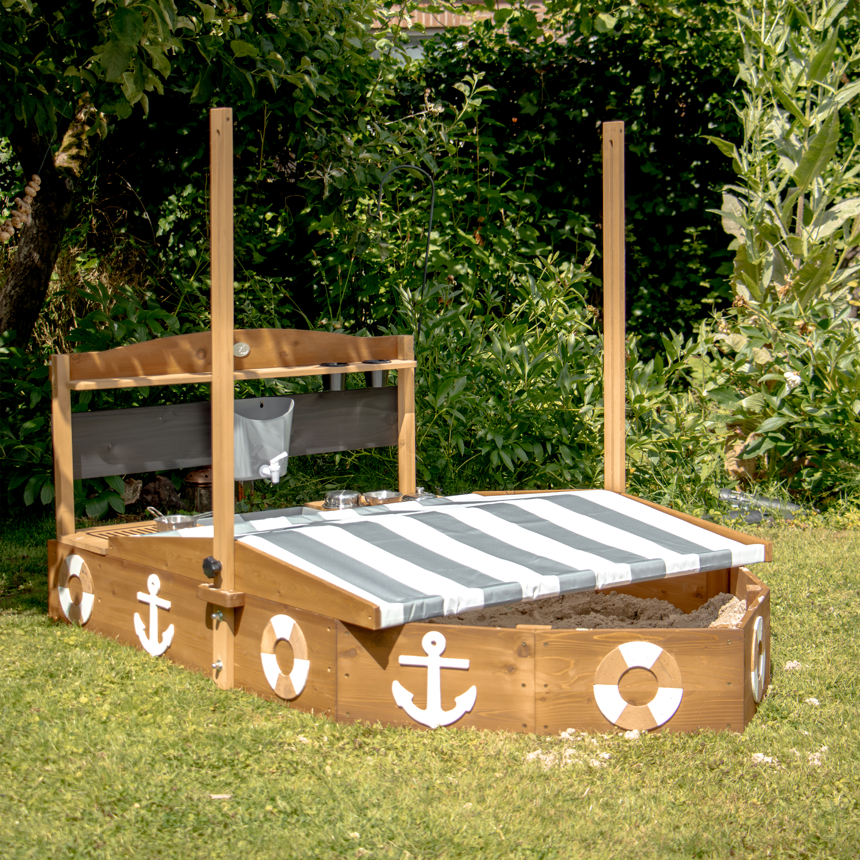 AXI Dora Boat Sandbox with Play Kitchen and Roof 160 x 100 cm Brown/Anthracite-8720365066375 AXI Dora Boat Sandbox with Play Kitchen and Roof 160 x 100 cm Brown/Anthracite