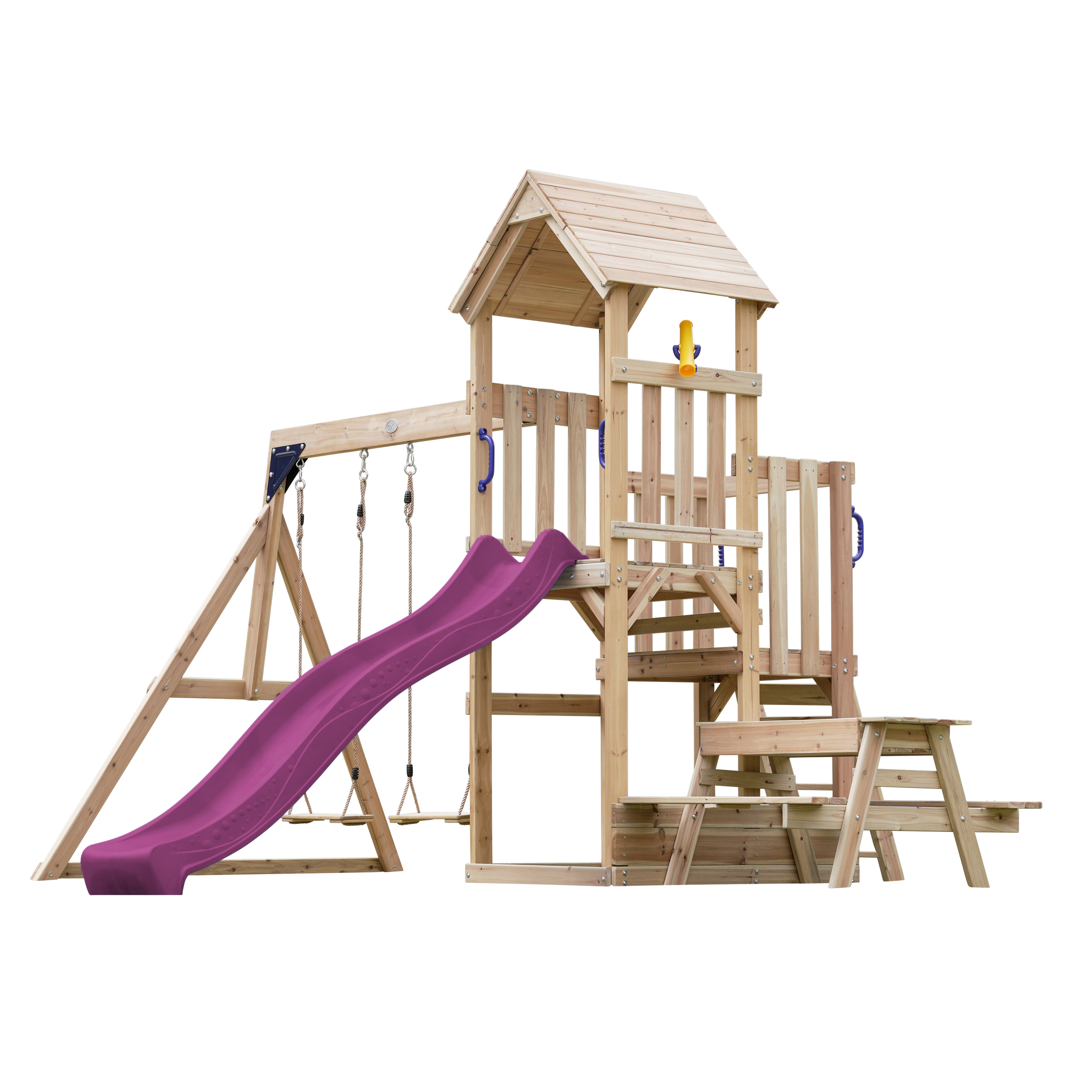 AXI Mette Climbing Frame with Double Swing Set and Picnic Table - Purple Slide