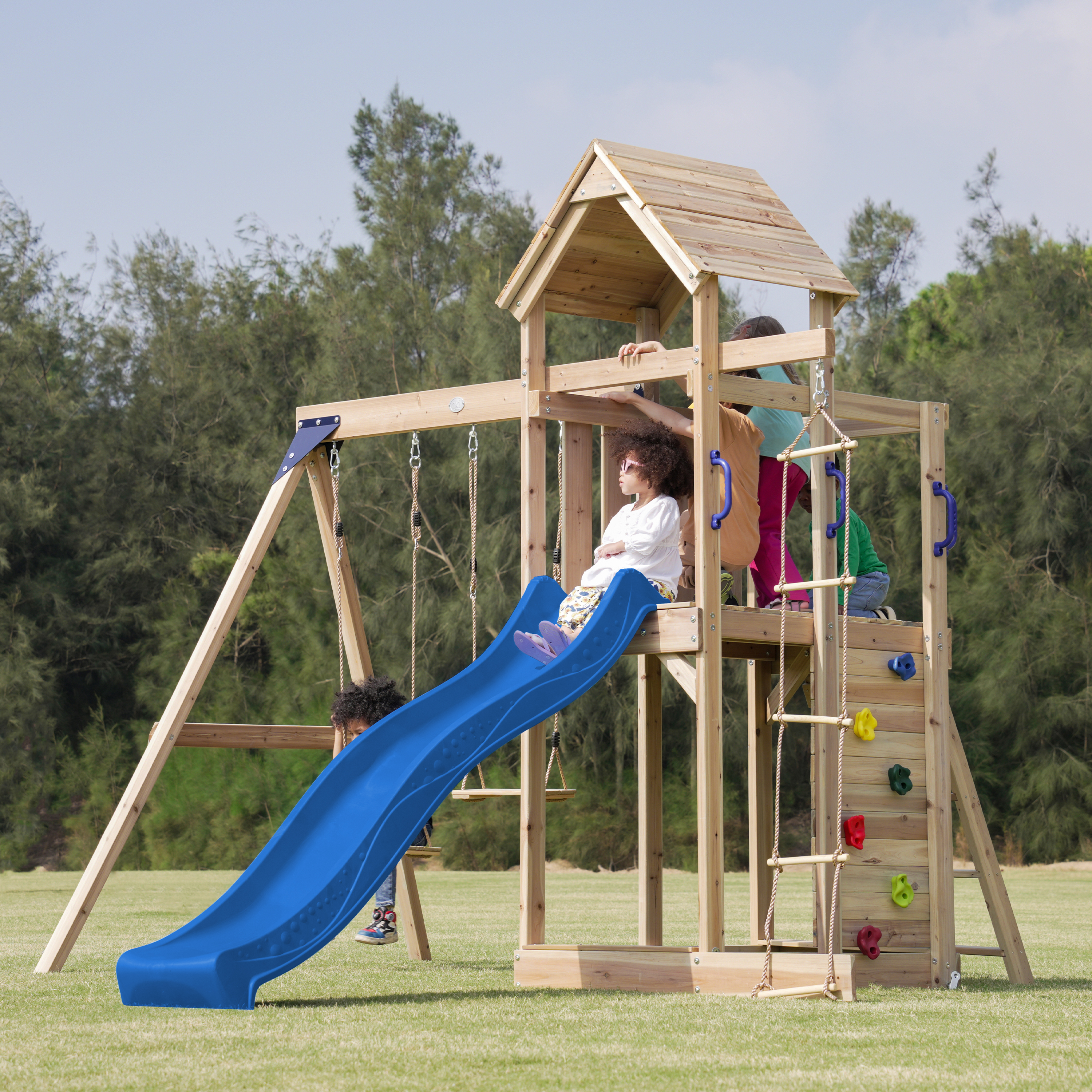 AXI Moos Play Set with Double Swing and Rope Ladder Brown - Blue Slide -8720365062100 AXI Moos Play Set with Double Swing and Rope Ladder Brown - Blue Slide