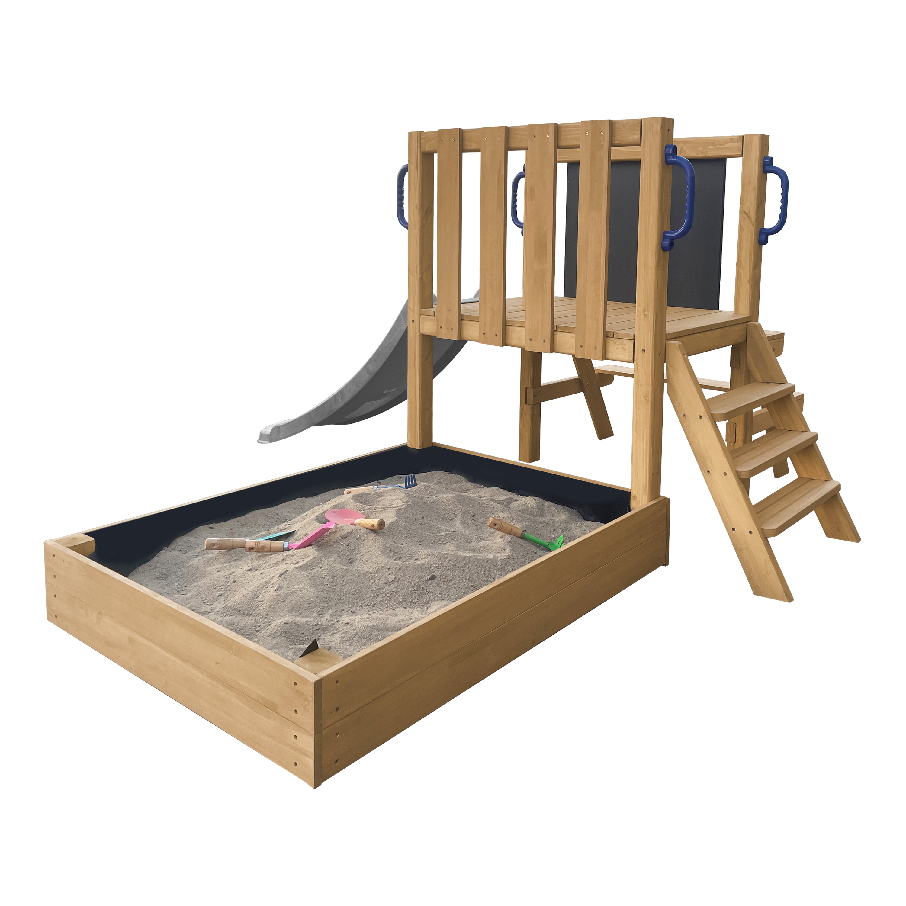 AXI Leah Mini Wooden Playtower with Sandbox. Picnic Table & Chalkboard –  Grey Slide