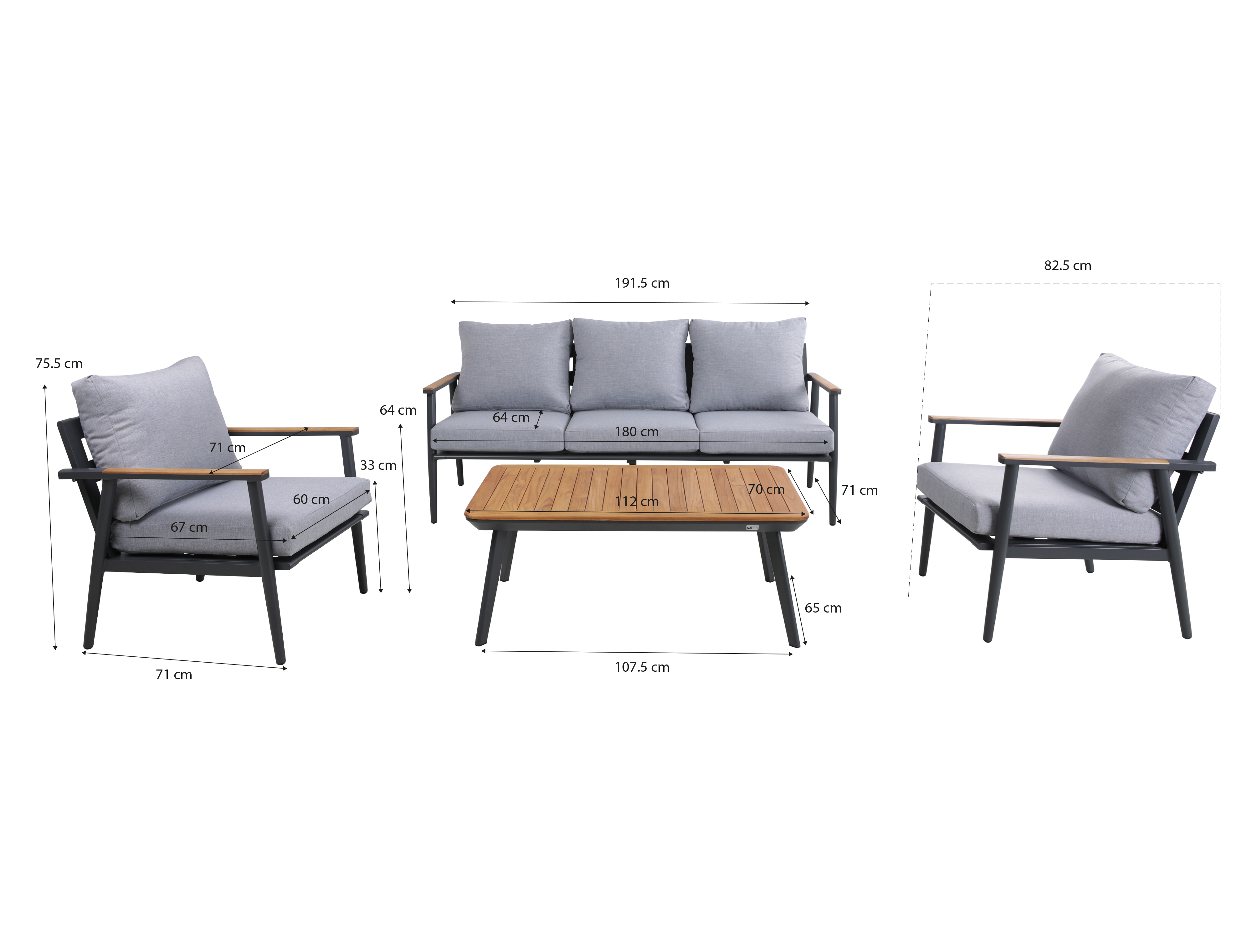 AXI Bibi lounge set 4-piece with bench. table and two chairs Anthracite/Teak-8720365062681 AXI Bibi lounge set 4-piece with bench. table and two chairs Anthracite/Teak