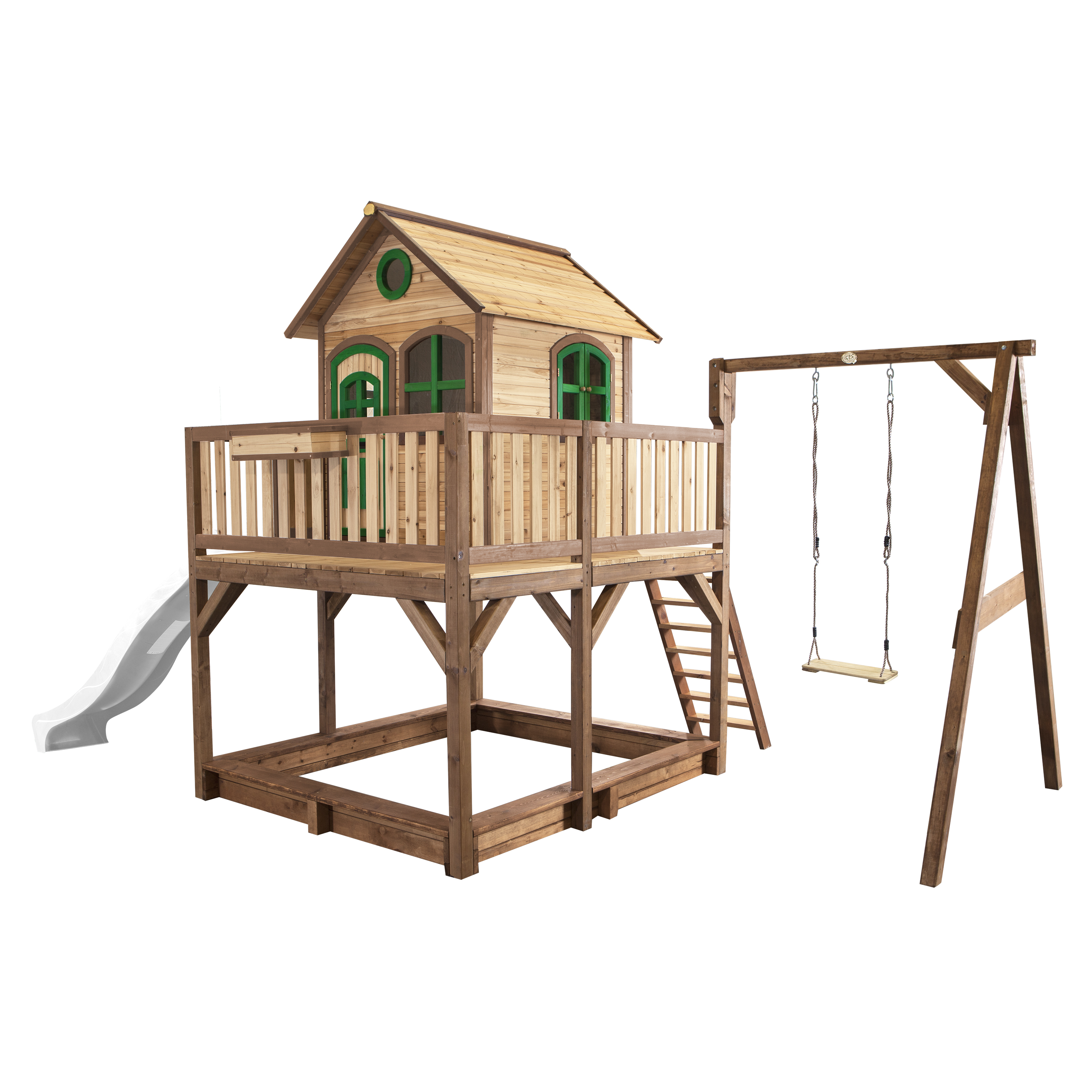 AXI Liam Playhouse with Single Swing Set Brown/Green - White Slide-8717973937821 AXI Liam Playhouse with Single Swing Set Brown/Green - White Slide
