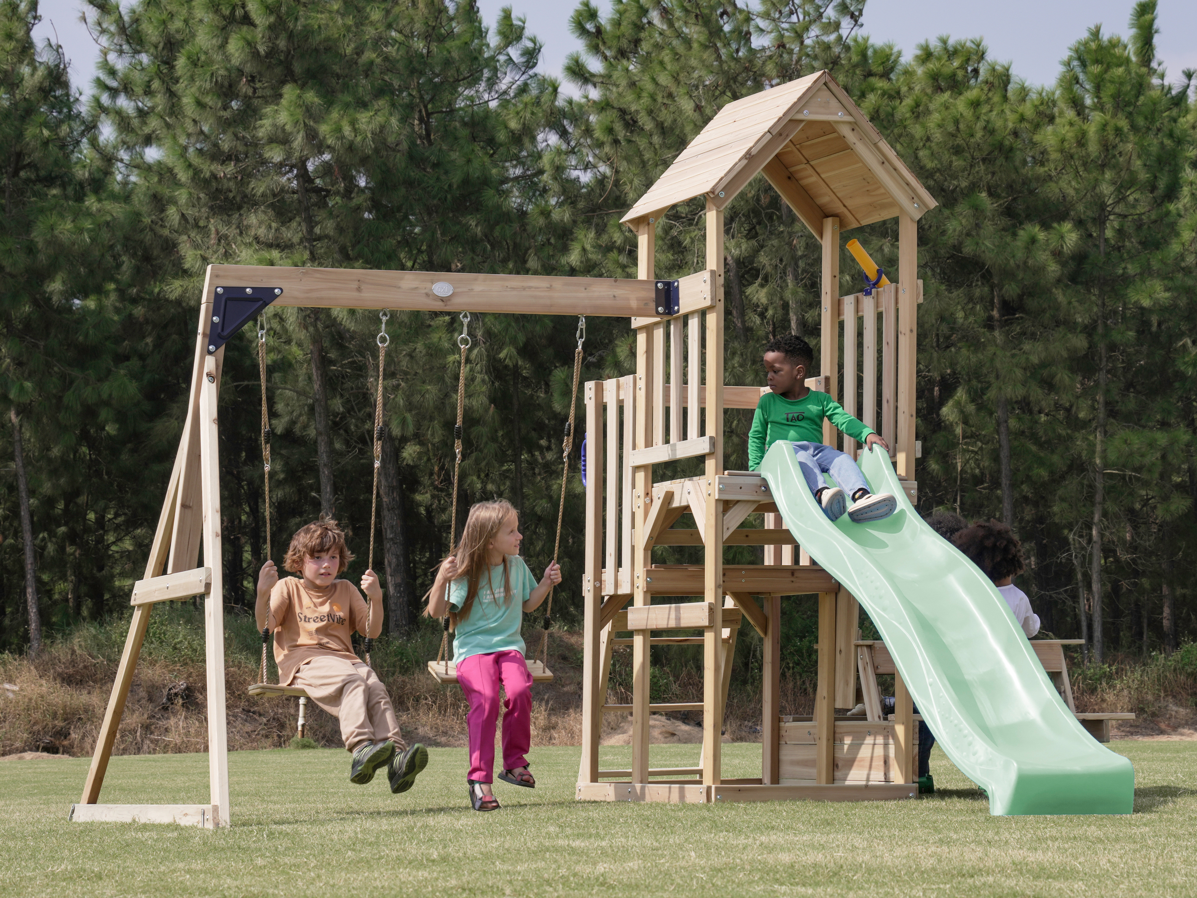 AXI Mette Climbing Frame with Double Swing Set and Picnic Table - Pastel Green Slide