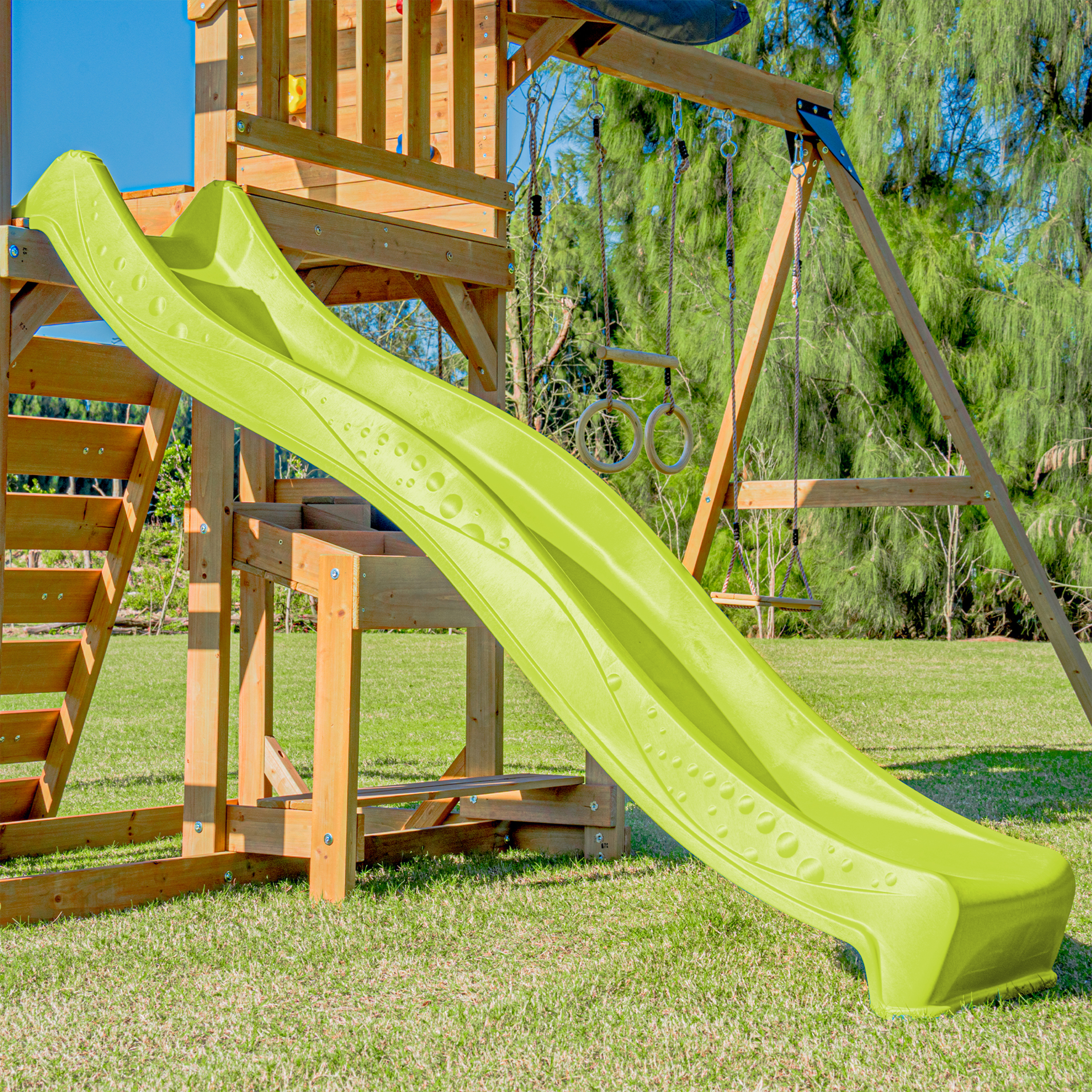 AXI Mitch Climbing Frame with Double Swing. Trapeze and Lookout Tower – Lime Green Slide