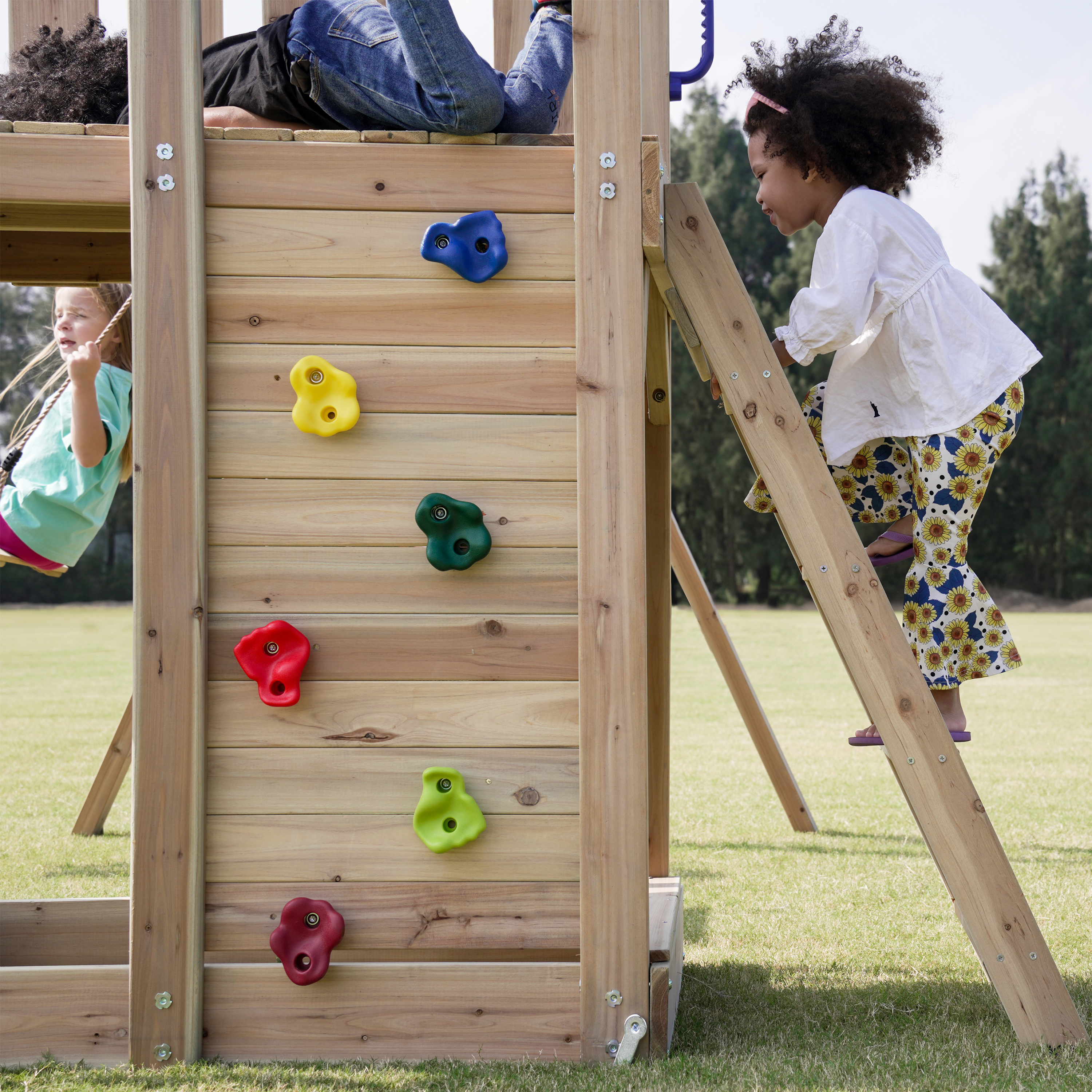AXI Moos Play Set with Double Swing and Rope Ladder Brown - Blue Slide -8720365062100 AXI Moos Play Set with Double Swing and Rope Ladder Brown - Blue Slide