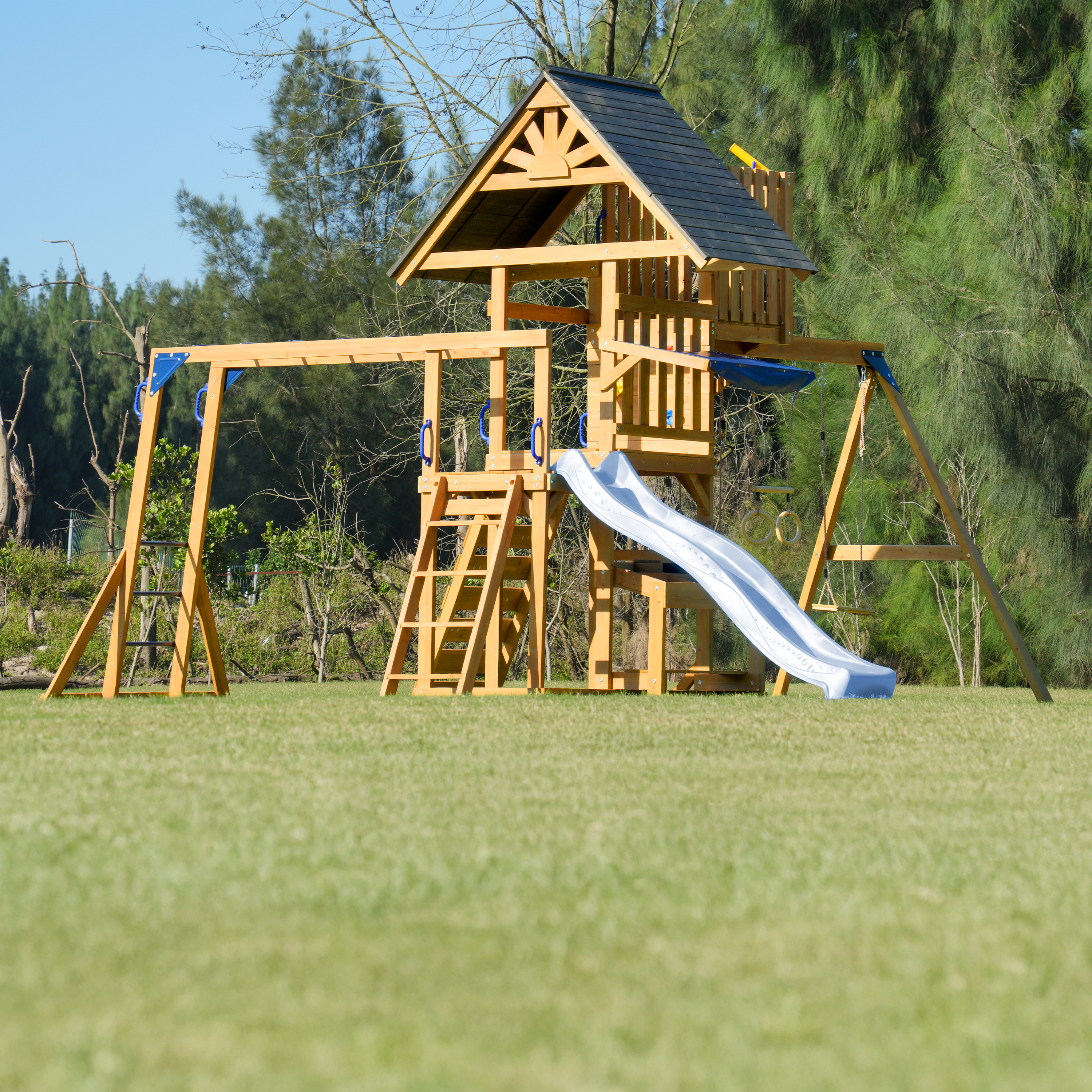 AXI Mitch Climbing Frame with Double Swing, Trapeze and Lookout Tower – Pastel Blue Slide