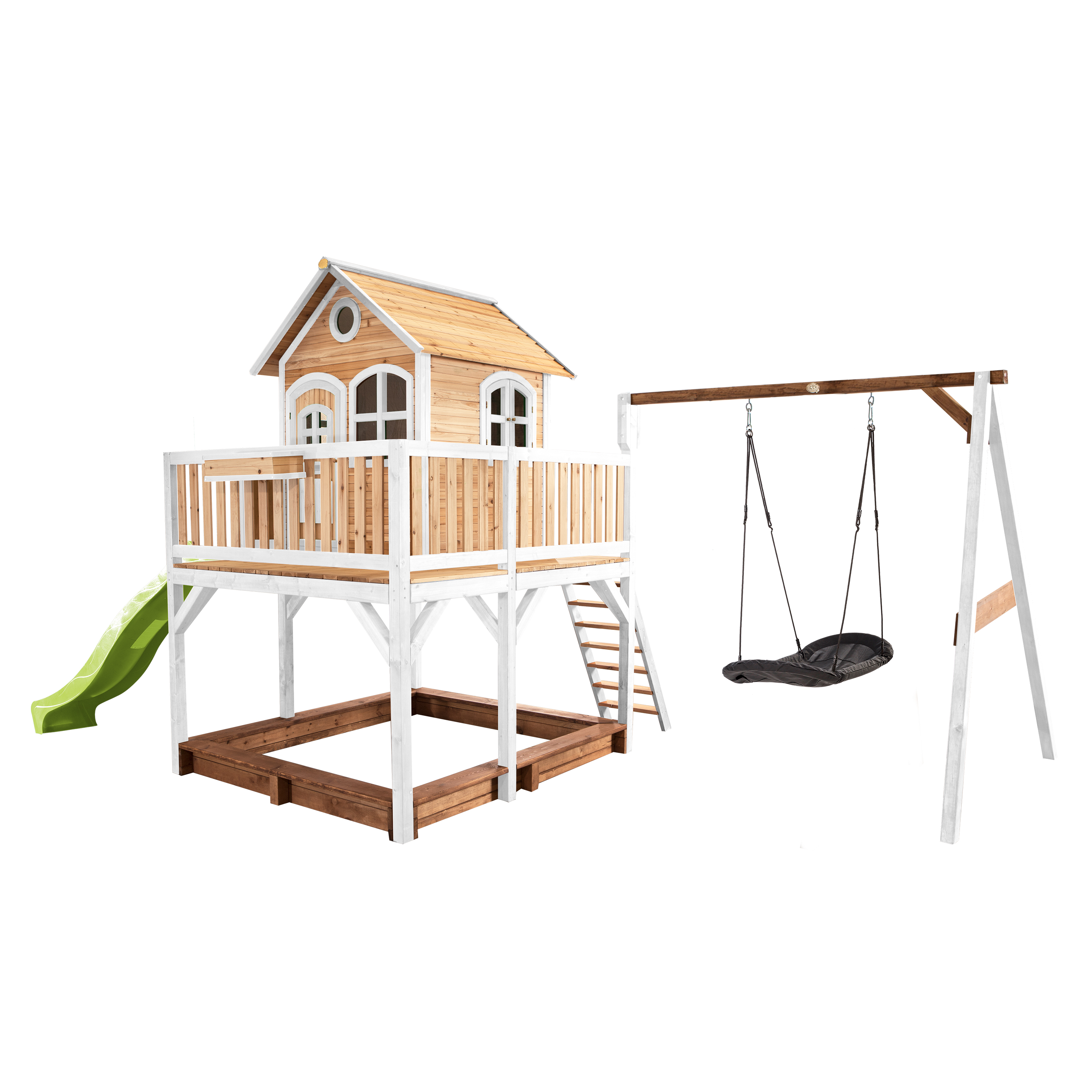 AXI Liam Playhouse with Roxy Nest Swing Set Brown/White - Lime Green Slide-8717973936435 AXI Liam Playhouse with Roxy Nest Swing Set Brown/White - Lime Green Slide