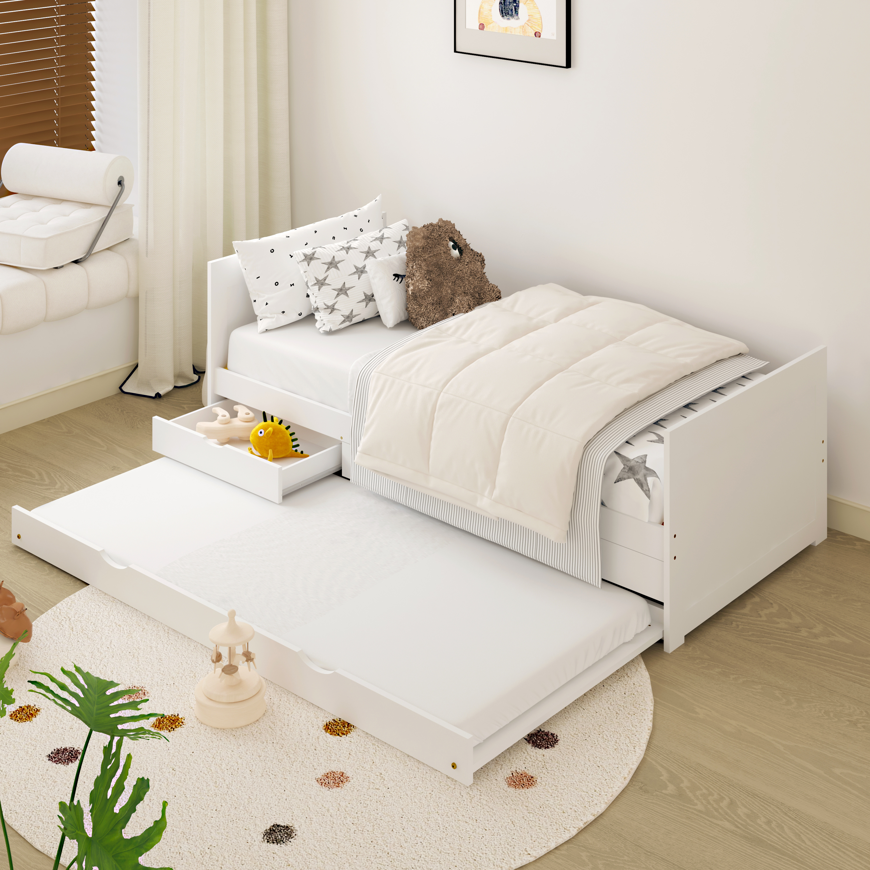 Sunny Eli Kids Bed with Trundle and 3 Storage Drawers White – Without Mattress