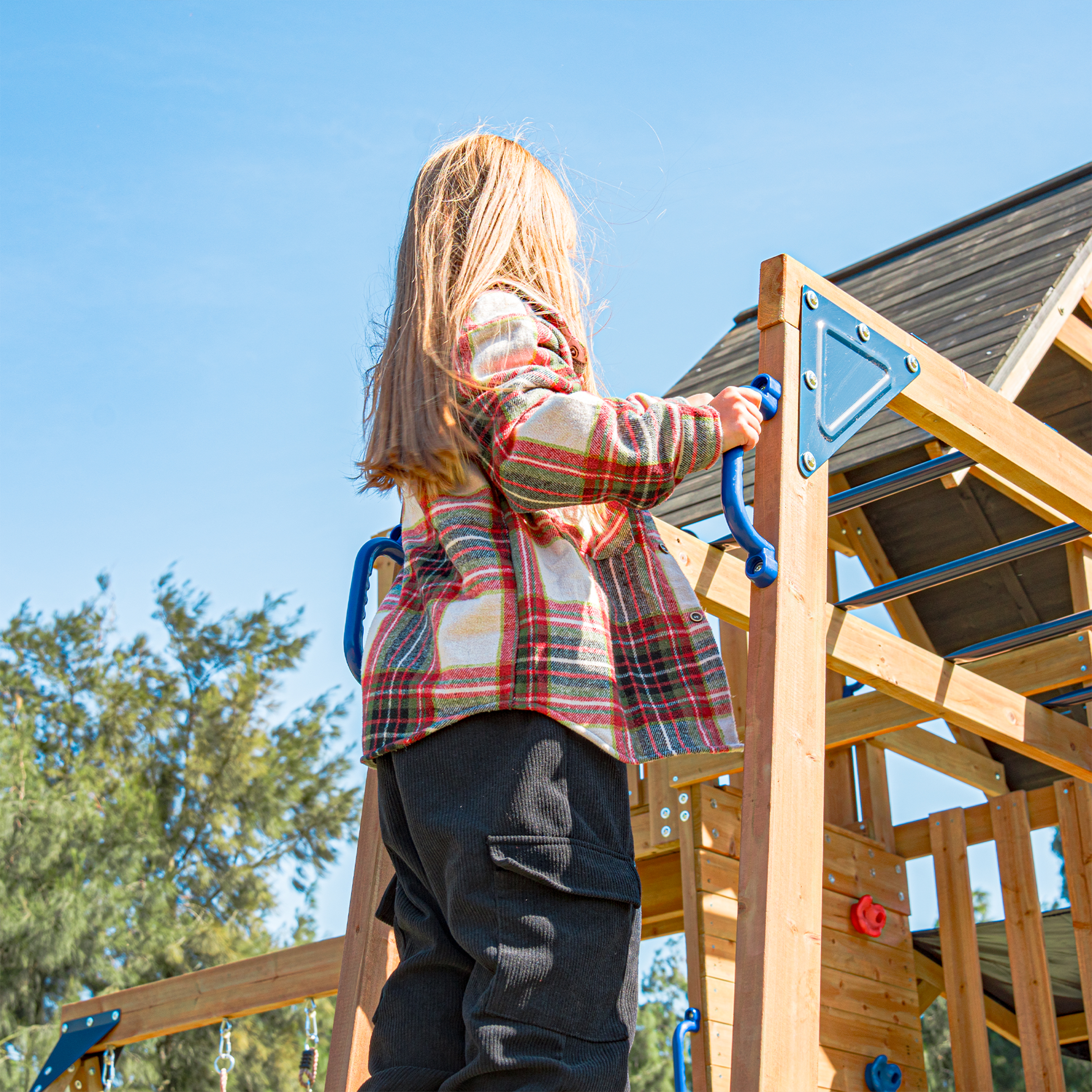 AXI Mitch Climbing Frame with Double Swing, Trapeze and Lookout Tower – Pastel Blue Slide