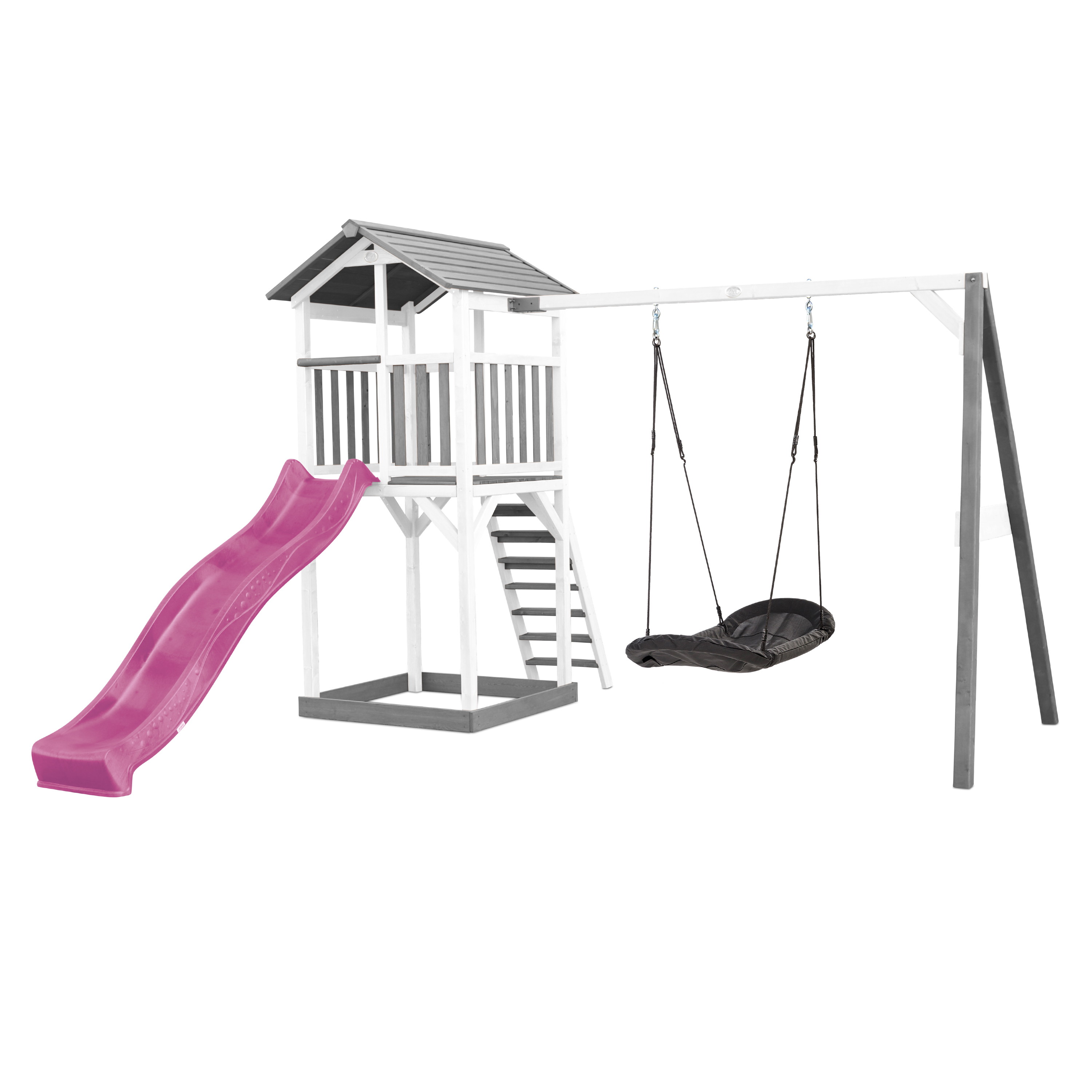 AXI Beach Tower with Roxy Nest Swing Set Grey/White - Purple Slide-8720365060366 AXI Beach Tower with Roxy Nest Swing Set Grey/White - Purple Slide