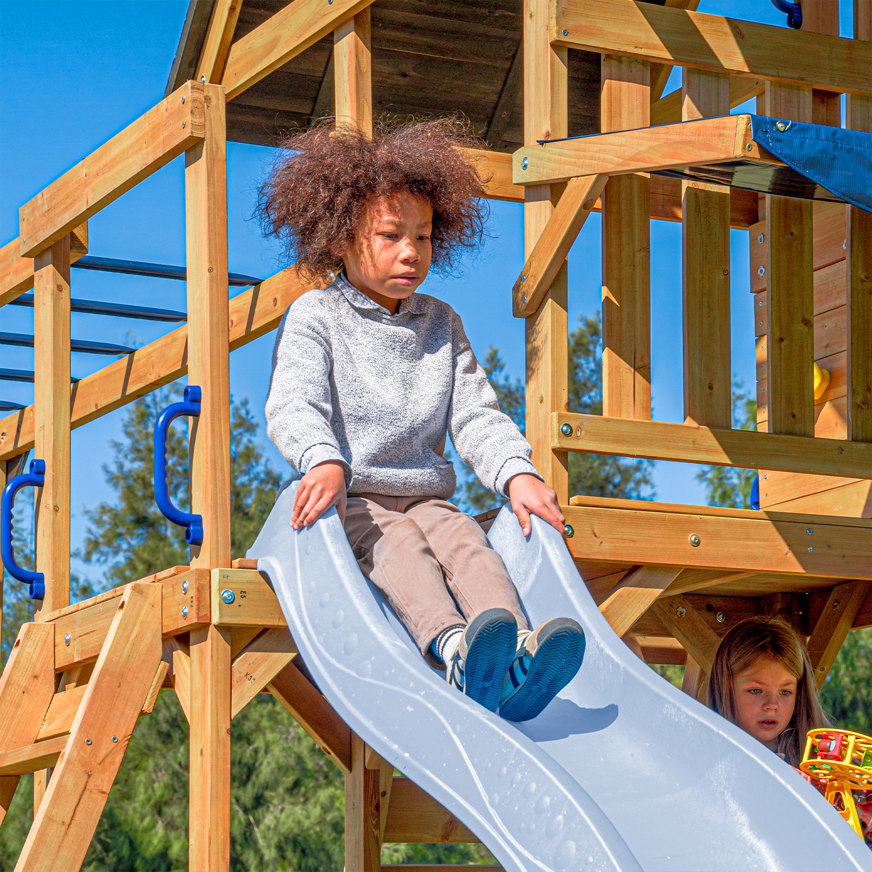 AXI Mitch Climbing Frame with Double Swing, Trapeze and Lookout Tower – Pastel Blue Slide