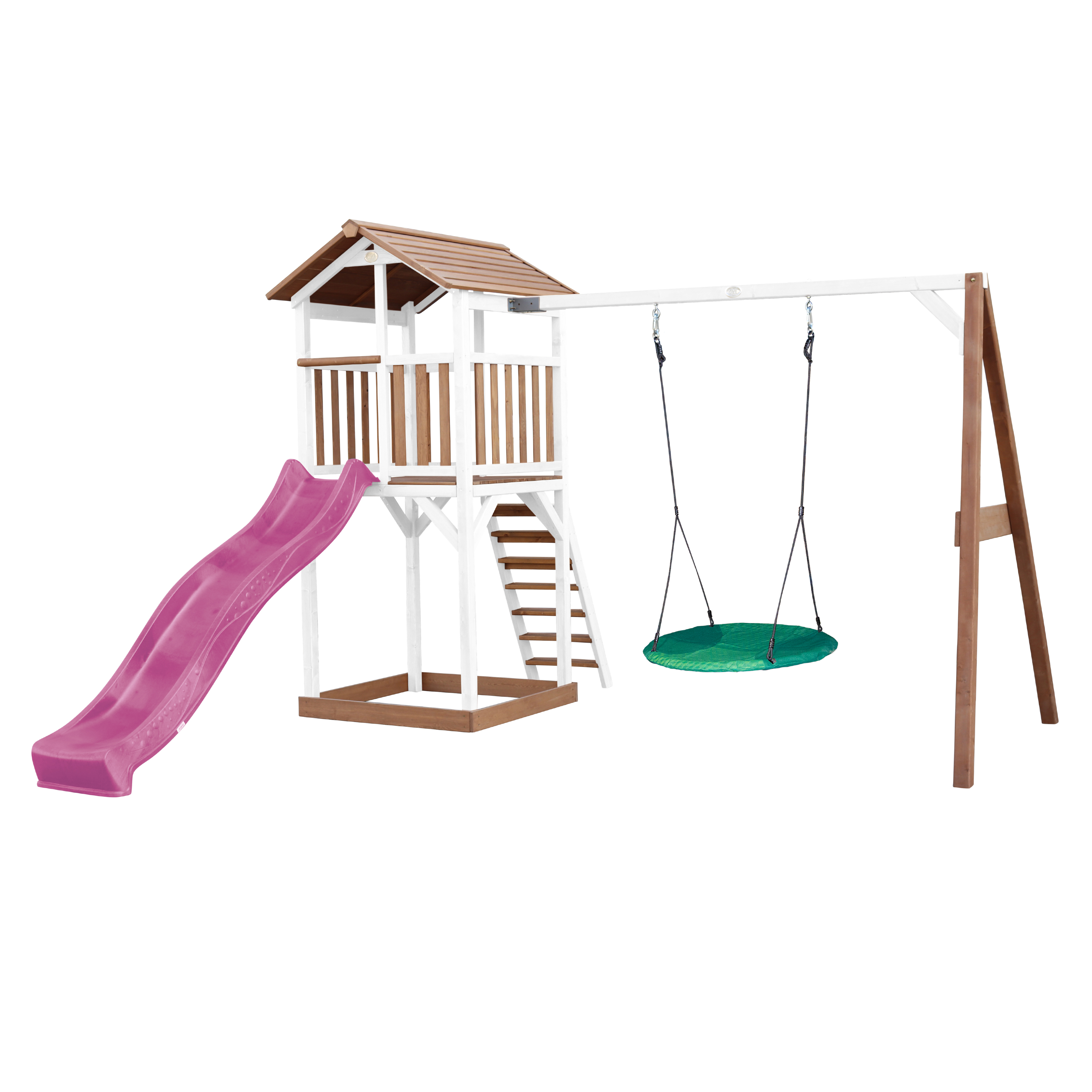 AXI Beach Tower with Summer Nest Swing Set Brown/White - Purple Slide-8720365061783 AXI Beach Tower with Summer Nest Swing Set Brown/White - Purple Slide