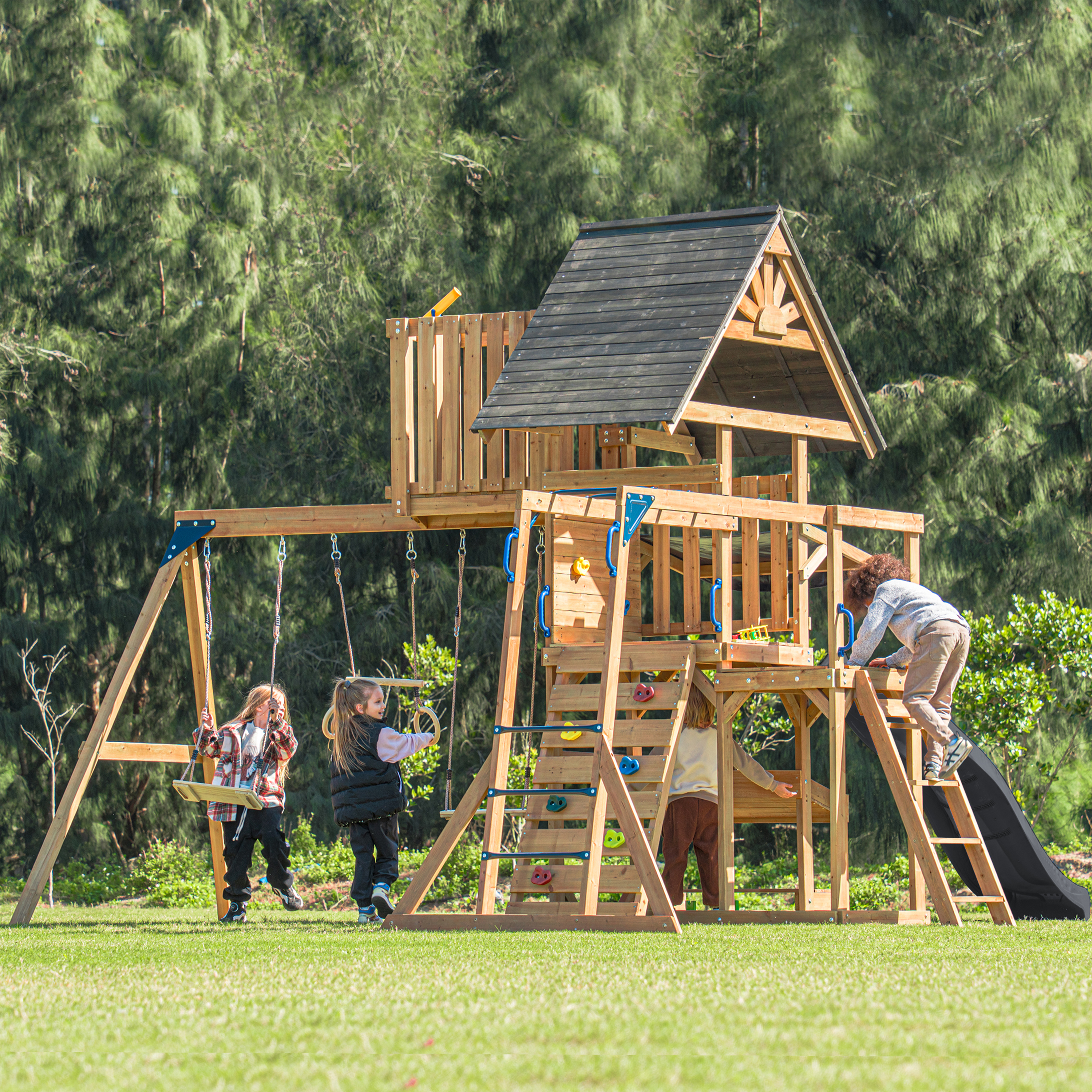 AXI Mitch Climbing Frame with Double Swing. Trapeze and Lookout Tower – Grey Slide