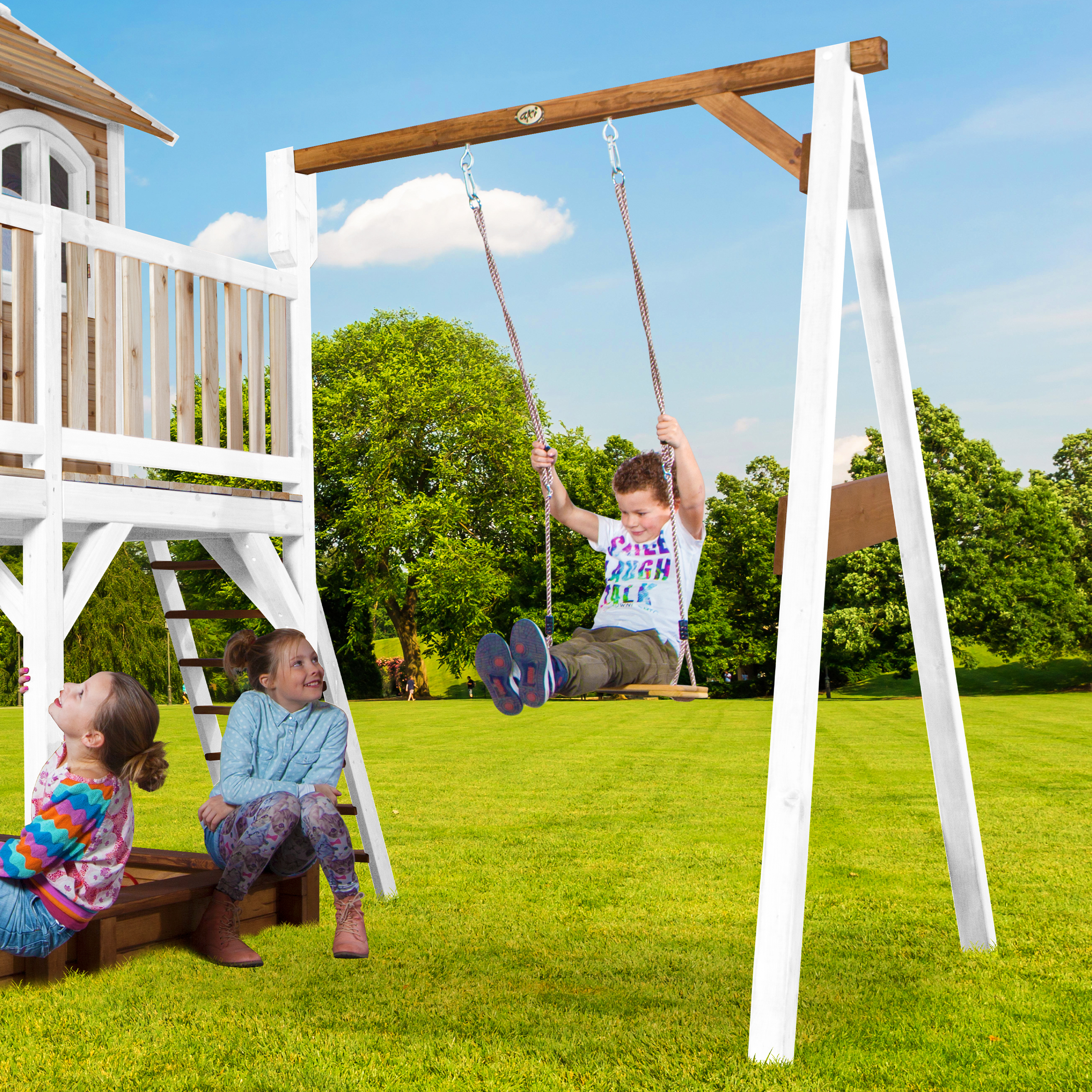 AXI Liam Playhouse with Single Swing Set Brown/White - Lime Green Slide