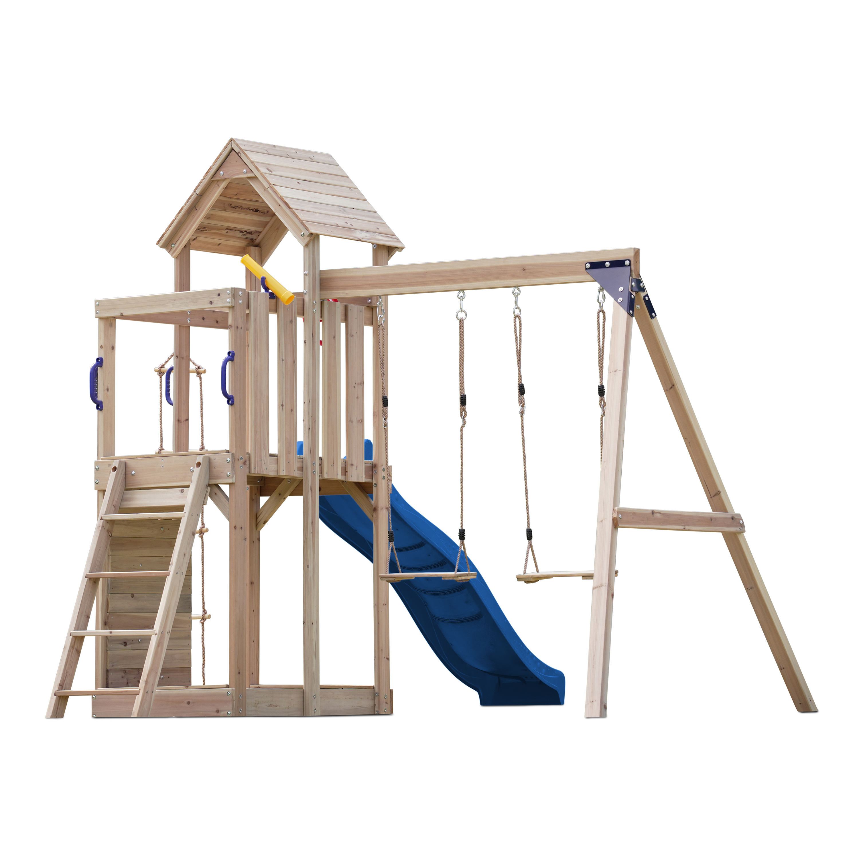 AXI Moos Play Set with Double Swing and Rope Ladder Brown - Blue Slide -8720365062100 AXI Moos Play Set with Double Swing and Rope Ladder Brown - Blue Slide