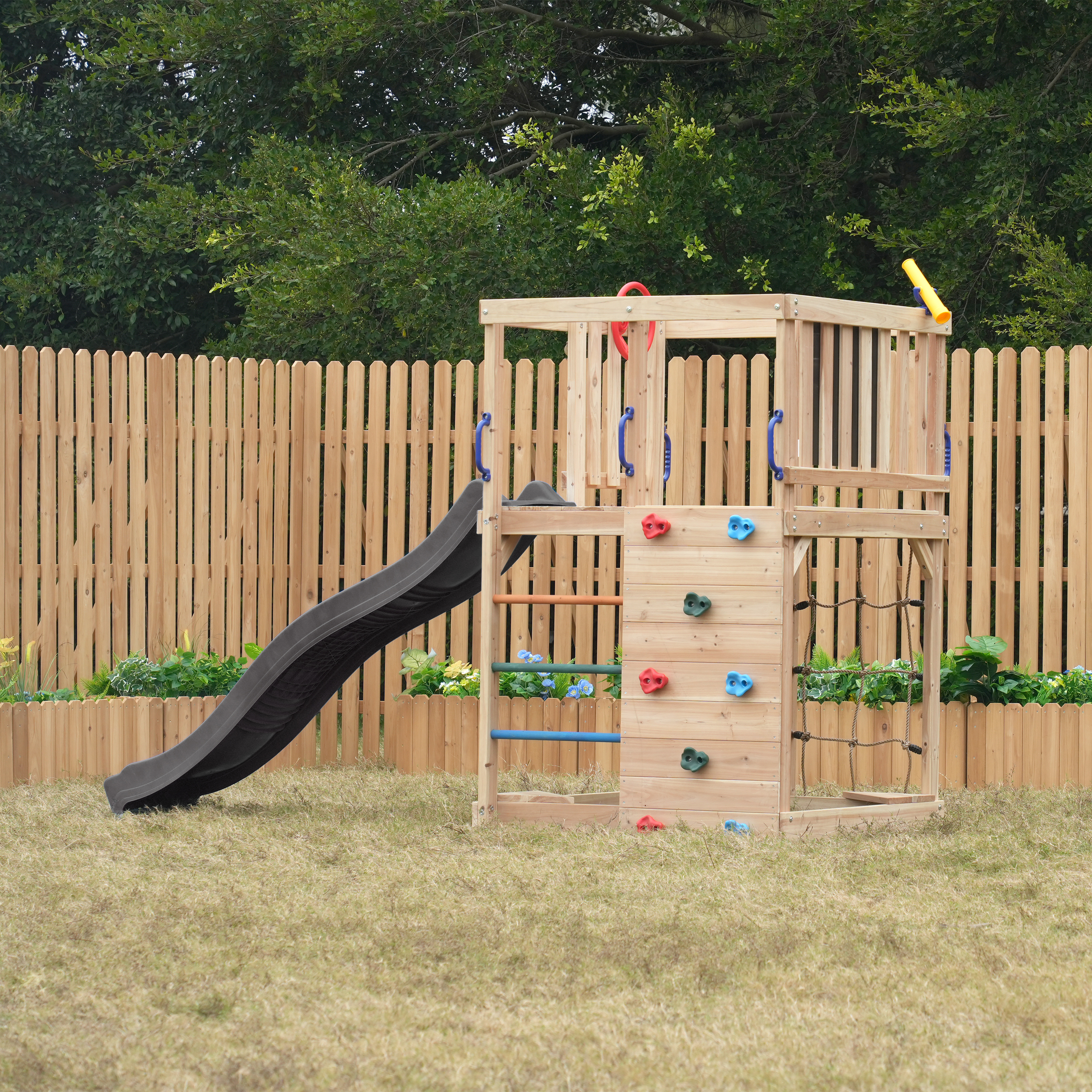 AXI Sam Climbing Frame with Climbing Wall, Climbing Net and Monkey Bars – Grey Slide