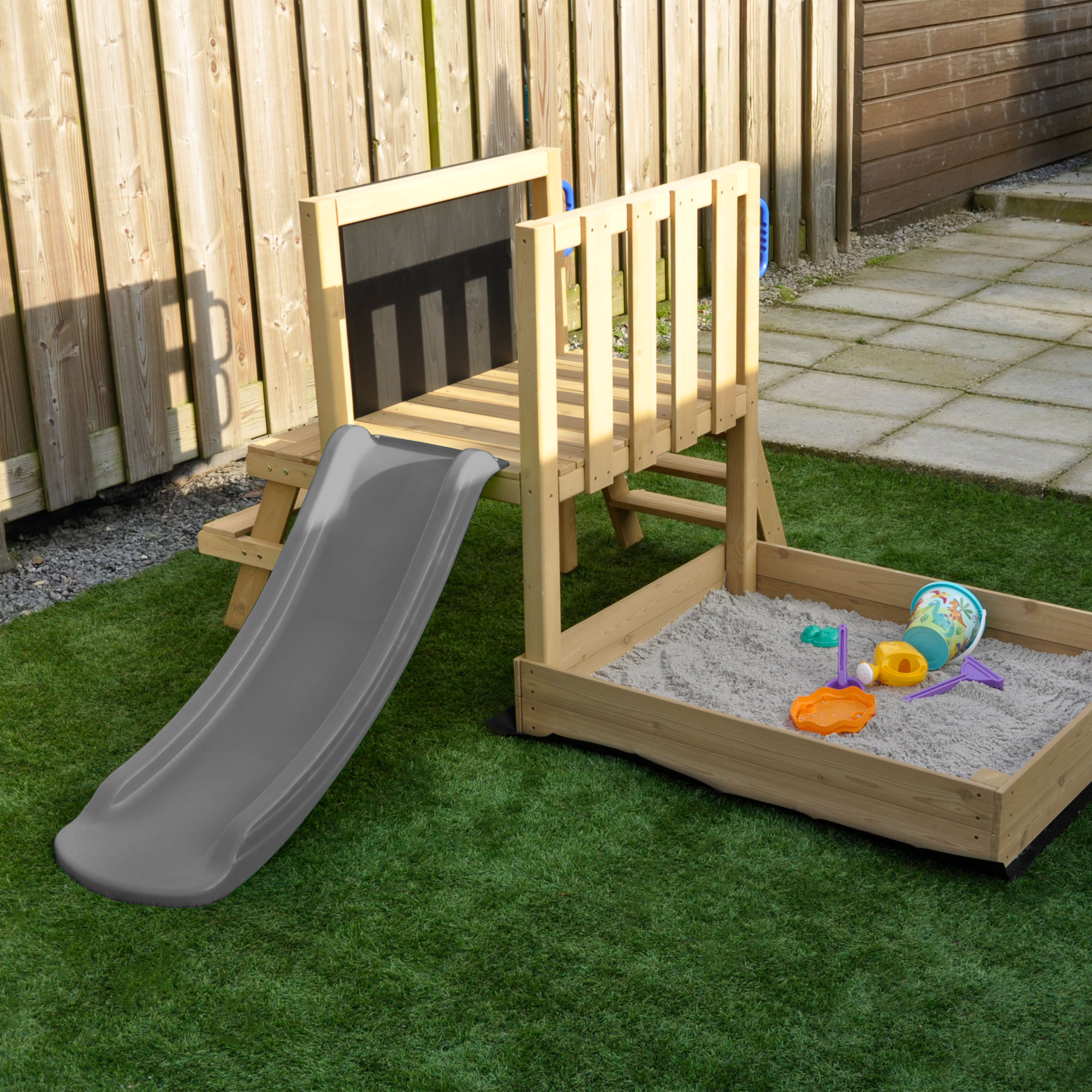 AXI Leah Mini Wooden Playtower with Sandbox. Picnic Table & Chalkboard –  Grey Slide
