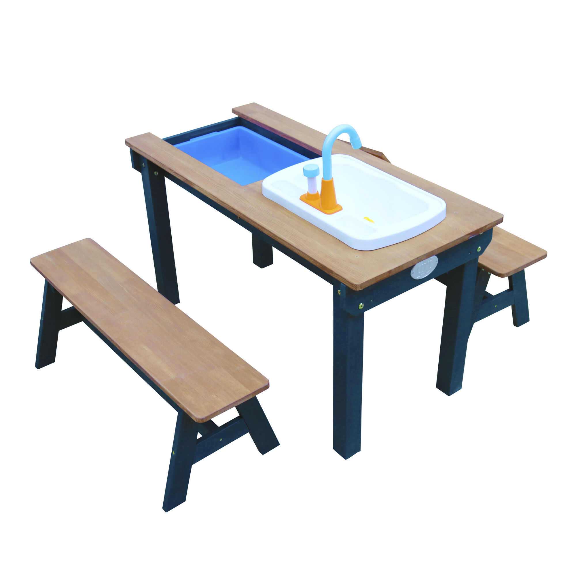 AXI Dennis Zand & Water Picknicktafel met Speelkeuken wastafel en losse bankjes Antraciet/bruin - Parasol Blauw/wit
