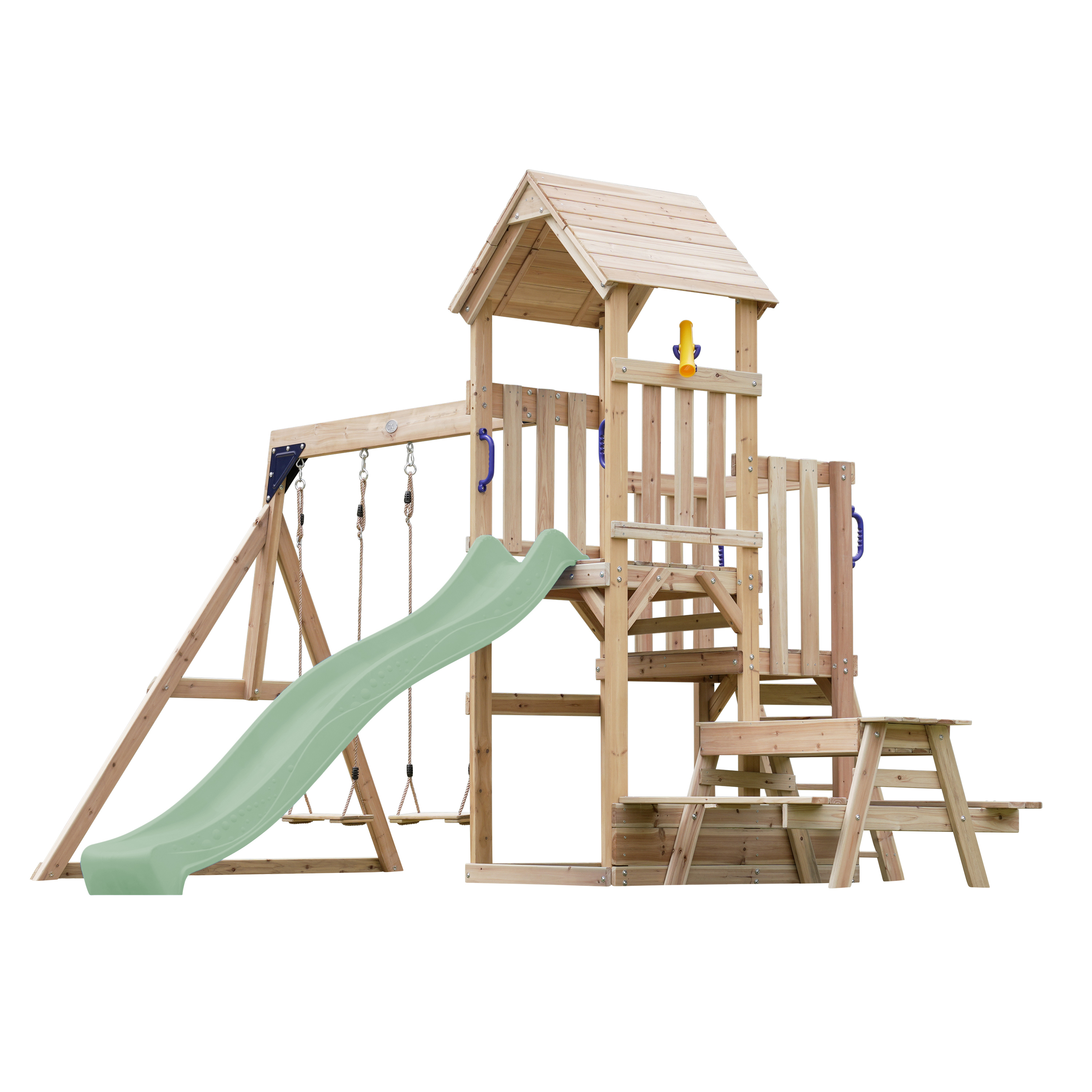 AXI Mette Climbing Frame with Double Swing Set and Picnic Table - Pastel Green Slide