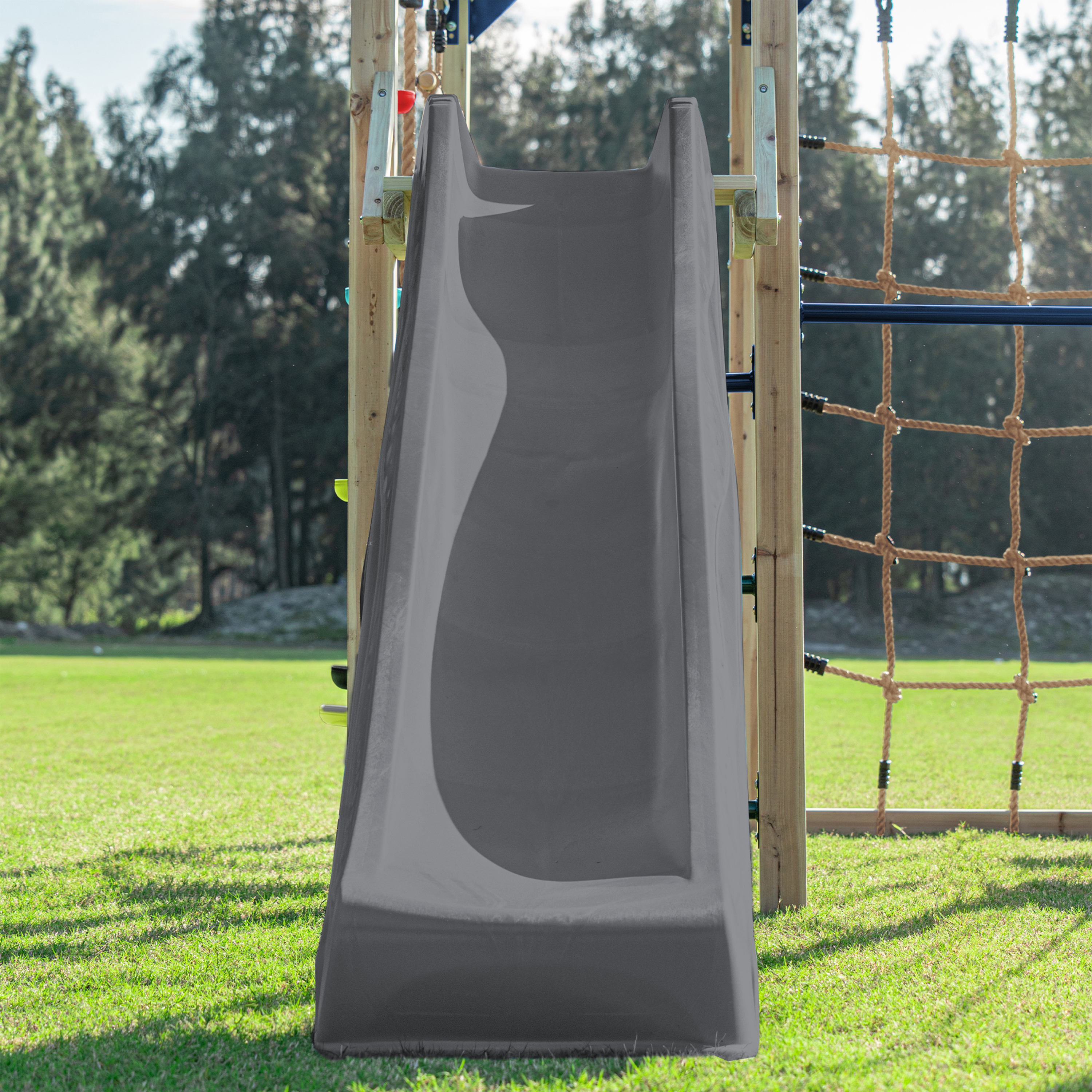 AXI Boris Wooden Playcentre with Swings, Trapeze, Climbing Nets and Monkey Bars – Grey Slide-8720365066672 AXI Boris Wooden Playcentre with Swings, Trapeze, Climbing Nets and Monkey Bars – Grey Slide