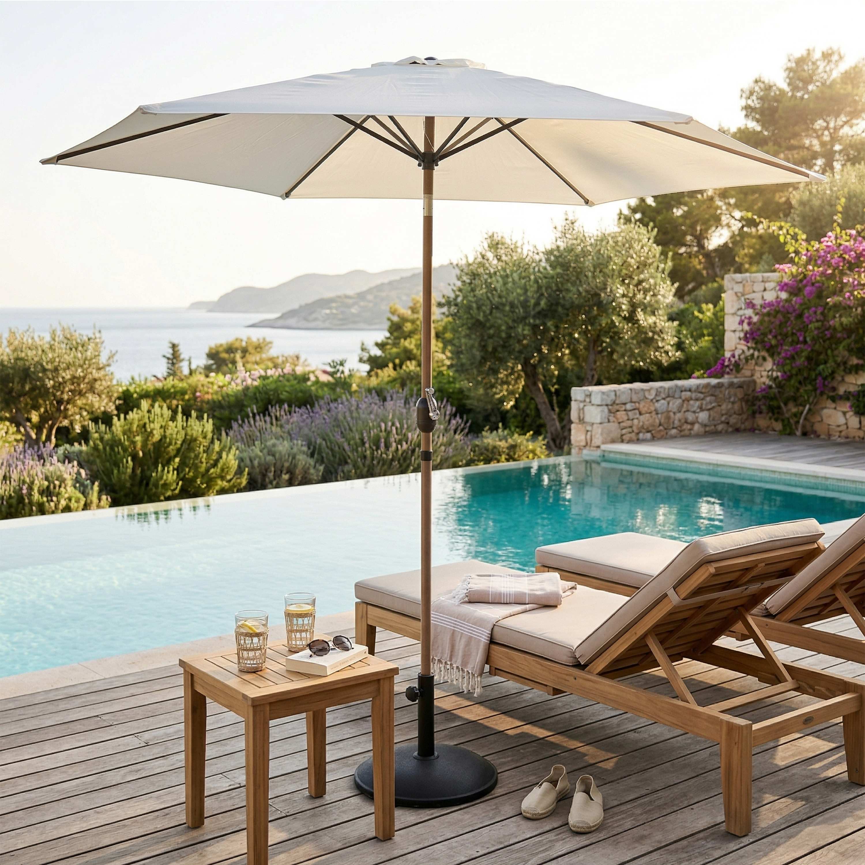 AXI Noor Centre Pole Parasol Ø 300cm incl. parasol base Oak-look/Beige