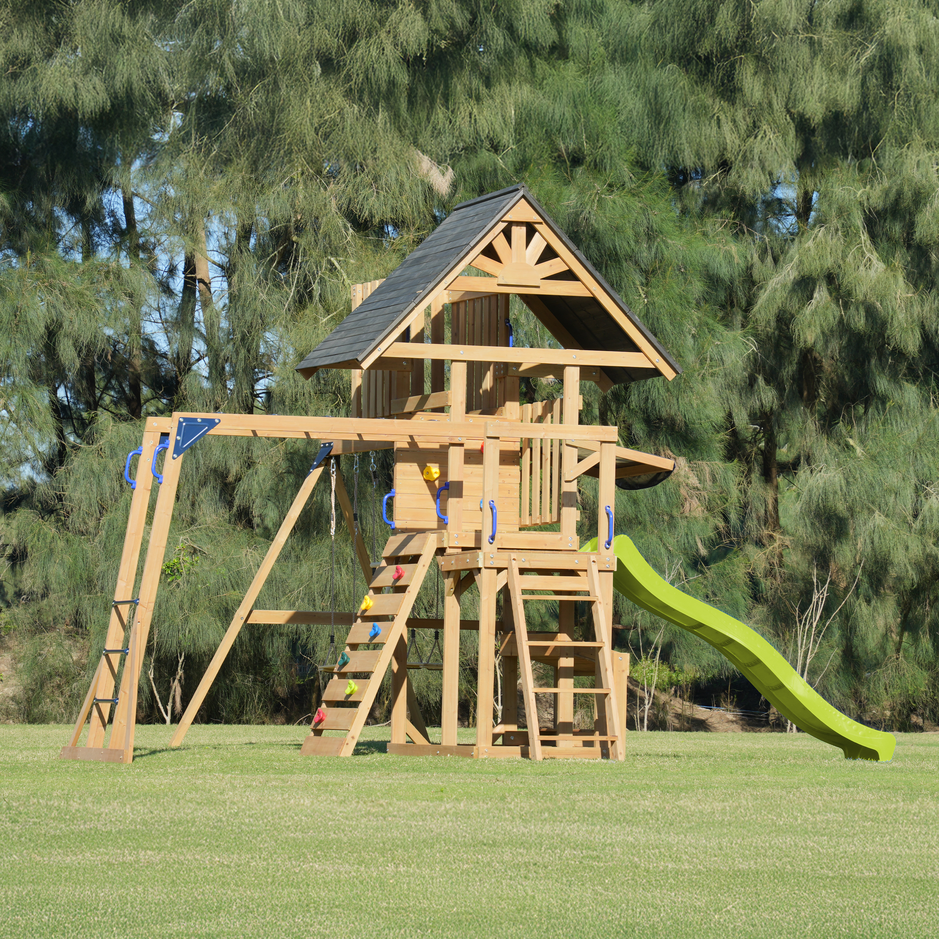 AXI Mitch Climbing Frame with Double Swing. Trapeze and Lookout Tower – Lime Green Slide