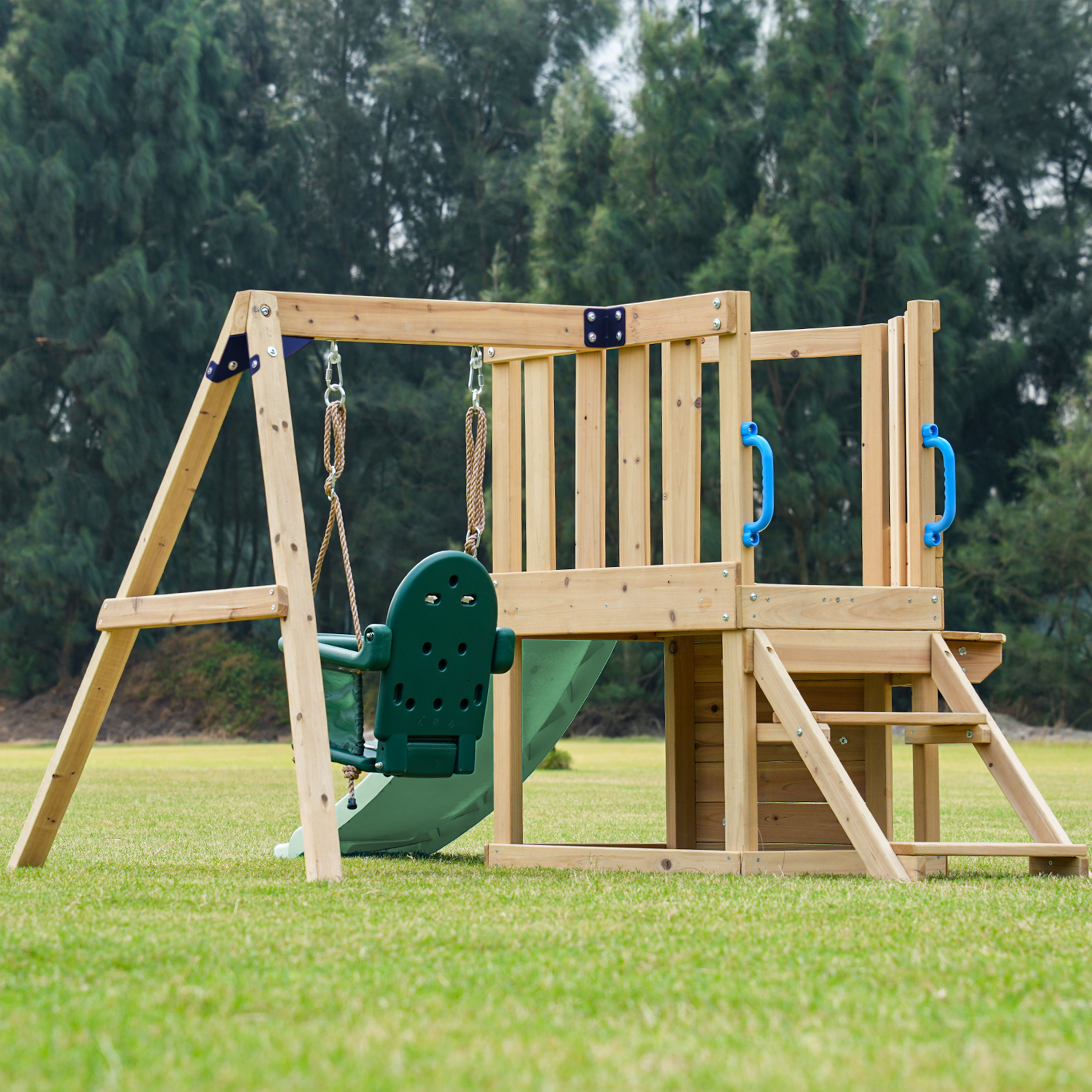 AXI Timo Mini Climbing Frame with Baby Swing. Climbing Wall and Chalkboard – Pastel Green Slide