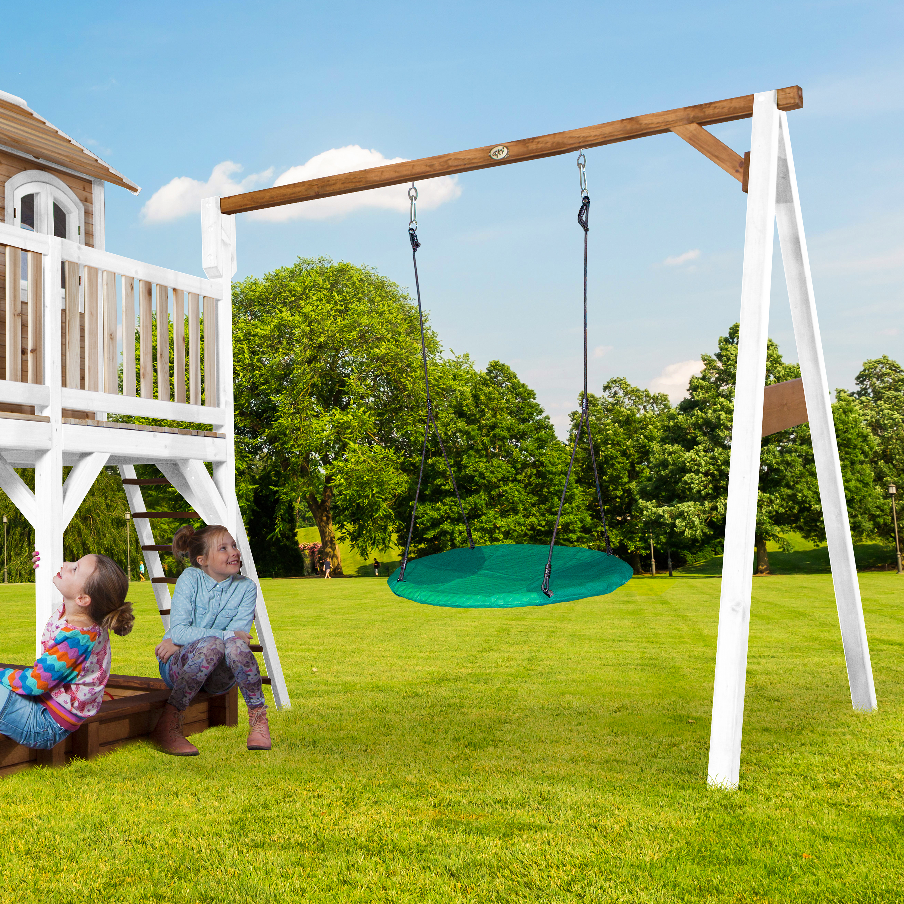 AXI Liam Playhouse with Summer Nest Swing Set Brown/White - Grey Slide-8717973937524 AXI Liam Playhouse with Summer Nest Swing Set Brown/White - Grey Slide