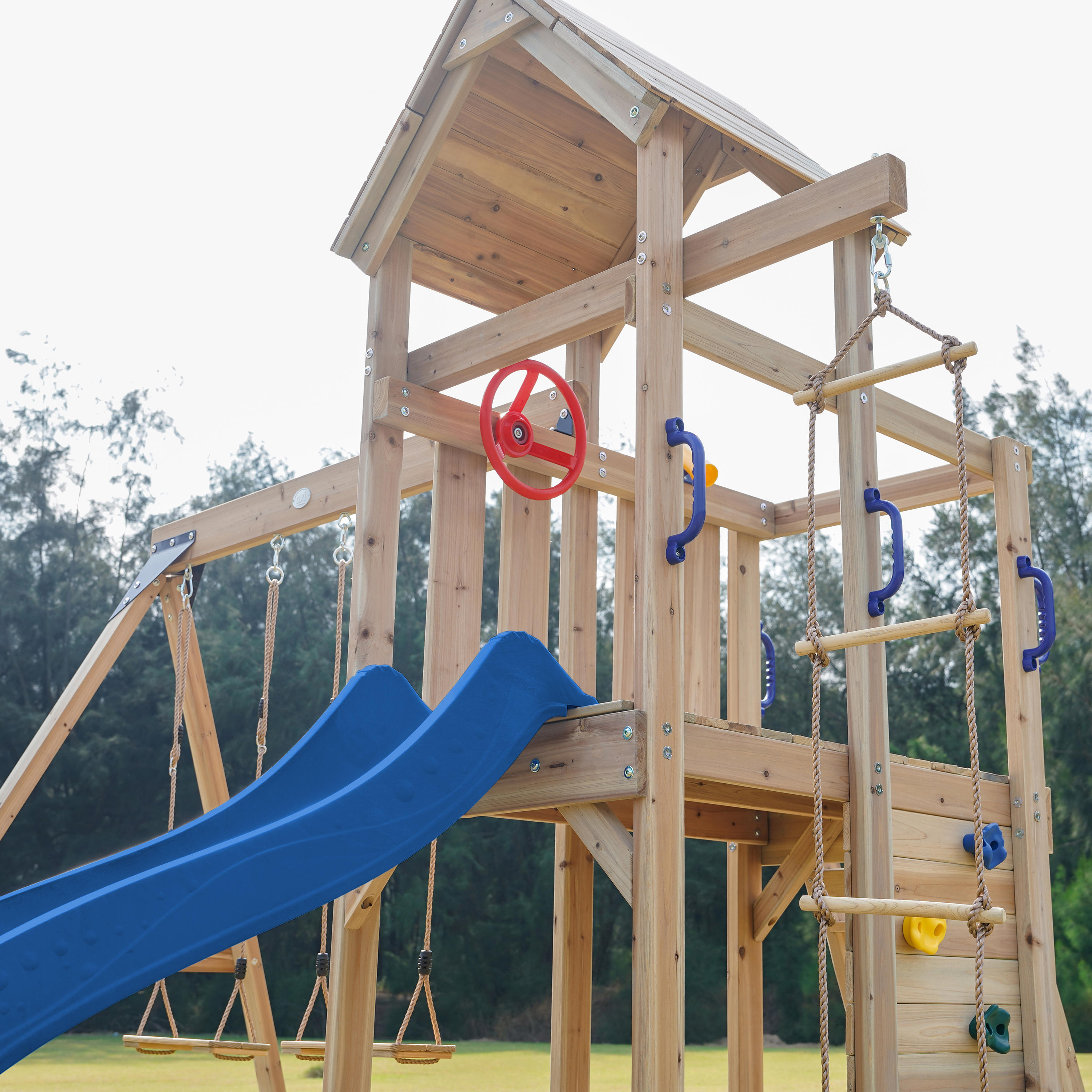 AXI Moos Play Set with Double Swing and Rope Ladder Brown - Blue Slide -8720365062100 AXI Moos Play Set with Double Swing and Rope Ladder Brown - Blue Slide
