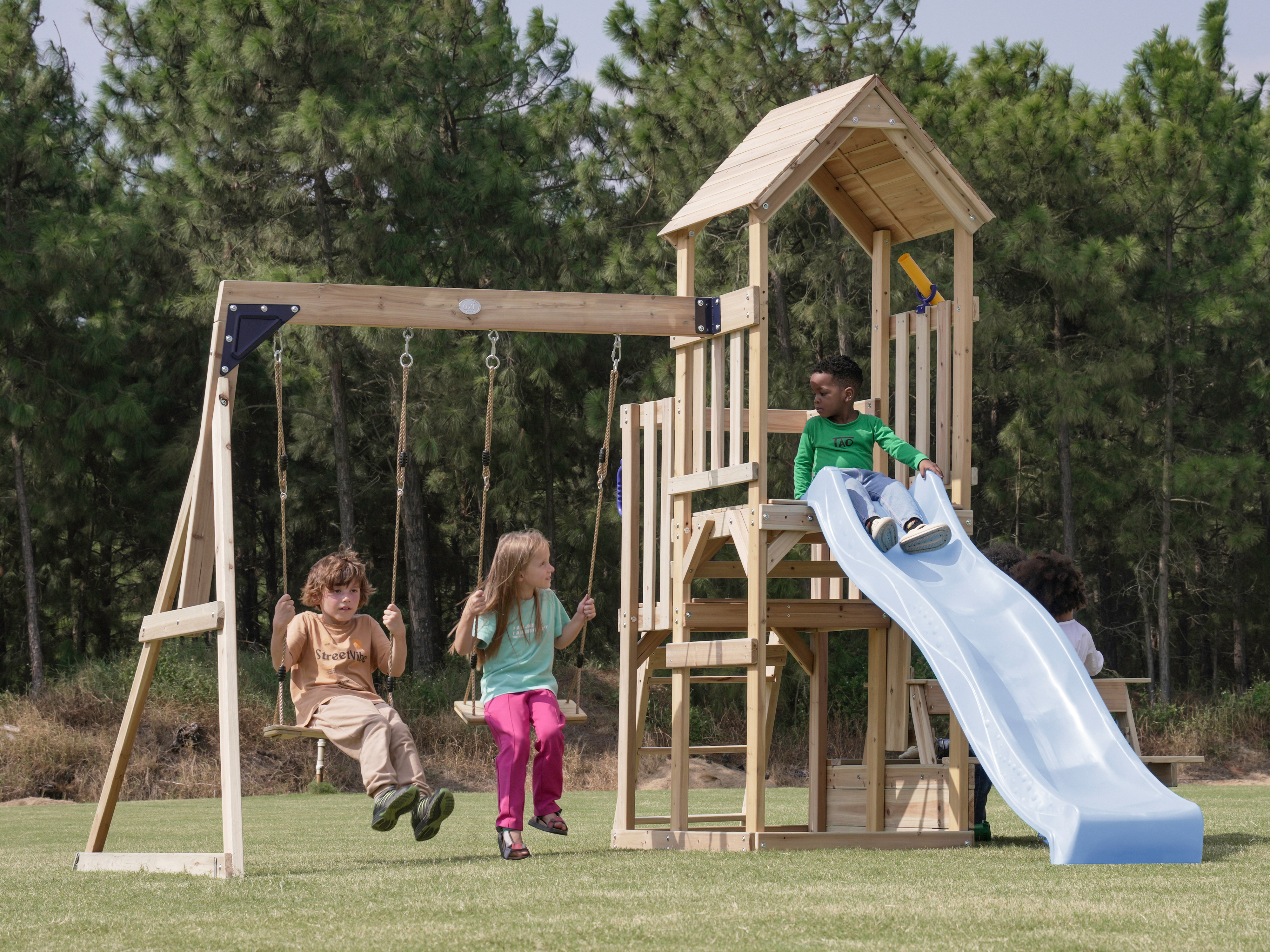 AXI Mette Climbing Frame with Double Swing Set and Picnic Table - Pastel Blue Slide