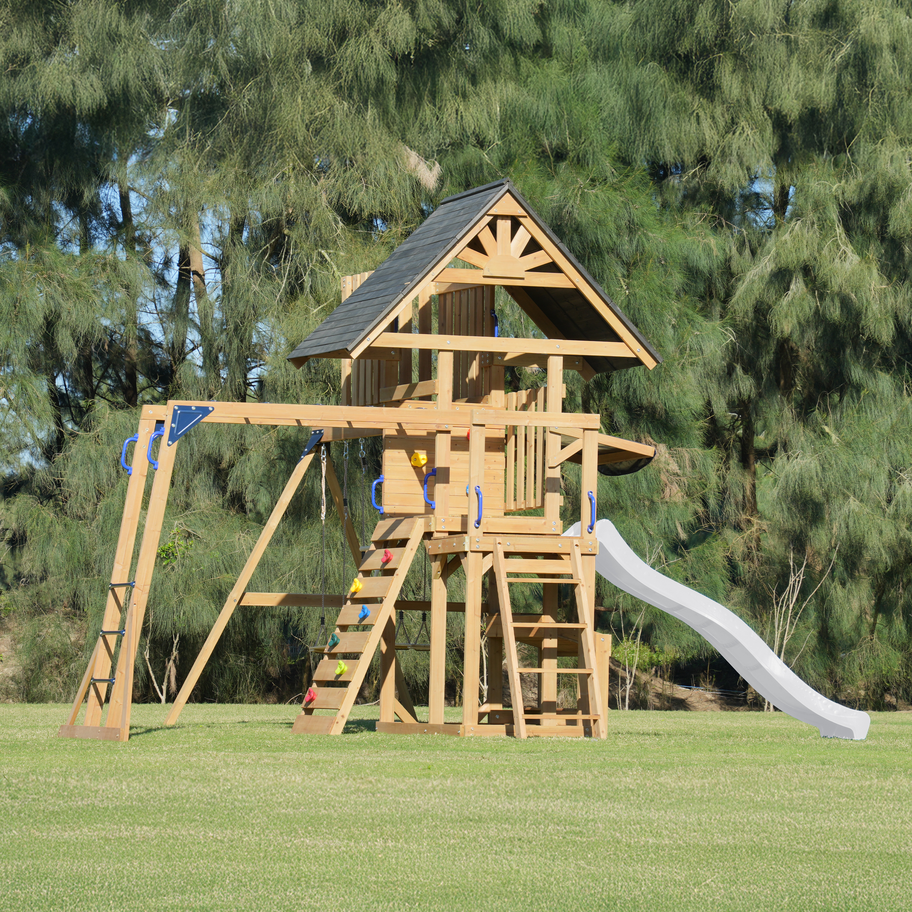 AXI Mitch Climbing Frame with Double Swing. Trapeze and Lookout Tower – White Slide