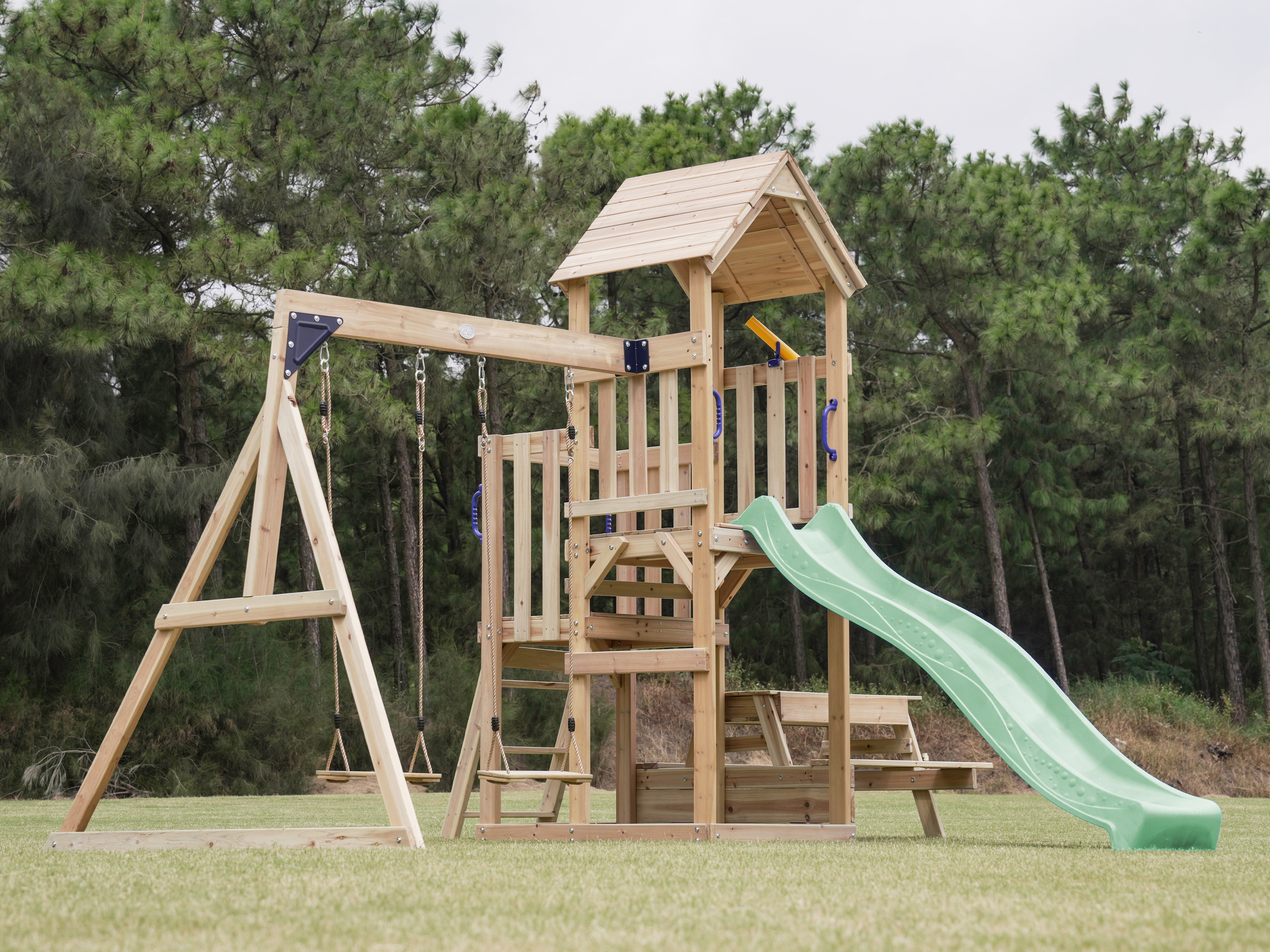 AXI Mette Climbing Frame with Double Swing Set and Picnic Table - Pastel Green Slide