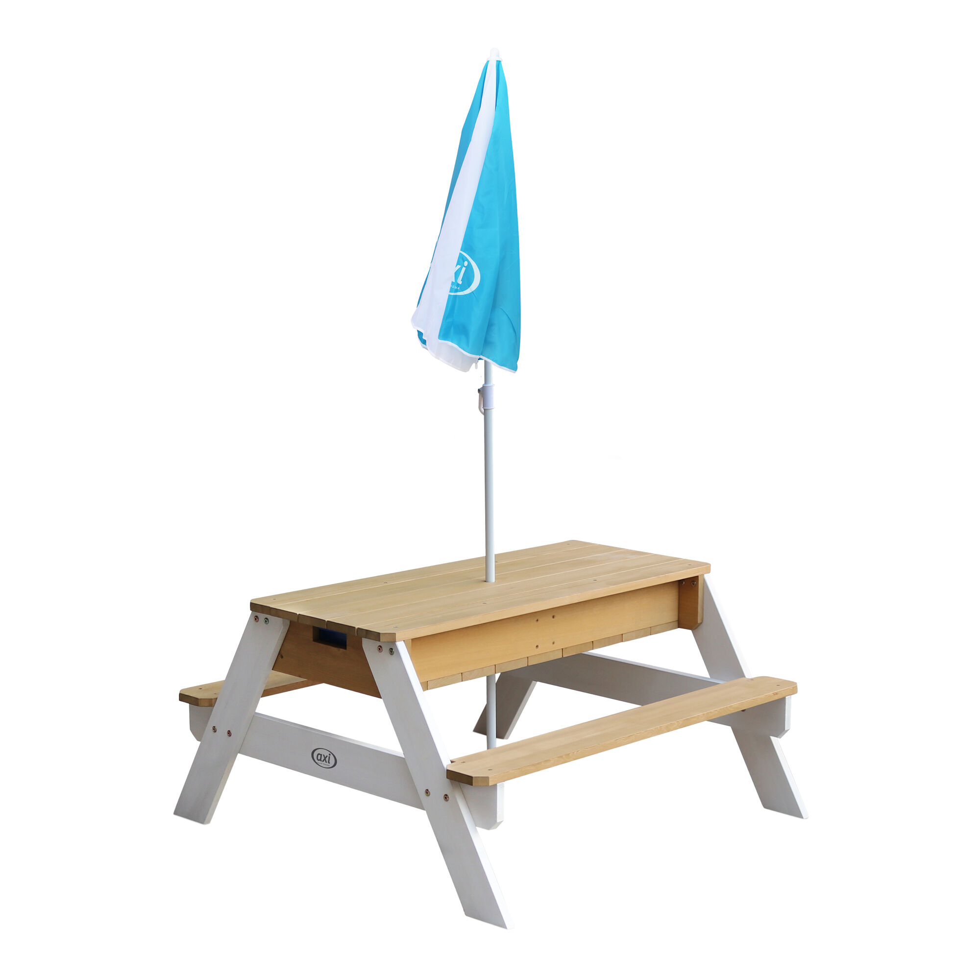AXI Nick Zand & Water Picknicktafel Bruin/wit - Parasol Blauw/wit