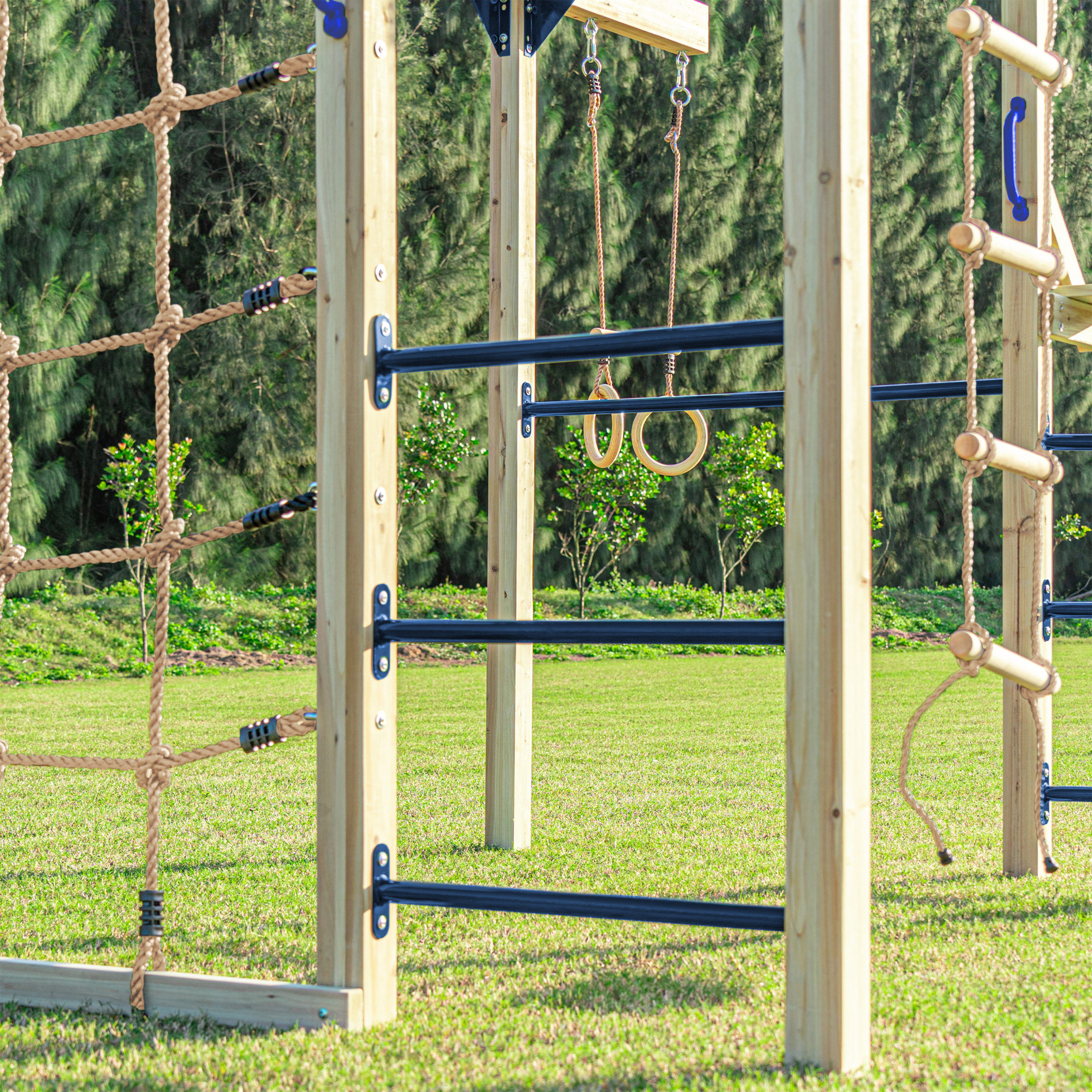 AXI Boris Wooden Playcentre with Swings. Trapeze. Climbing Nets and Monkey Bars – Red Slide
