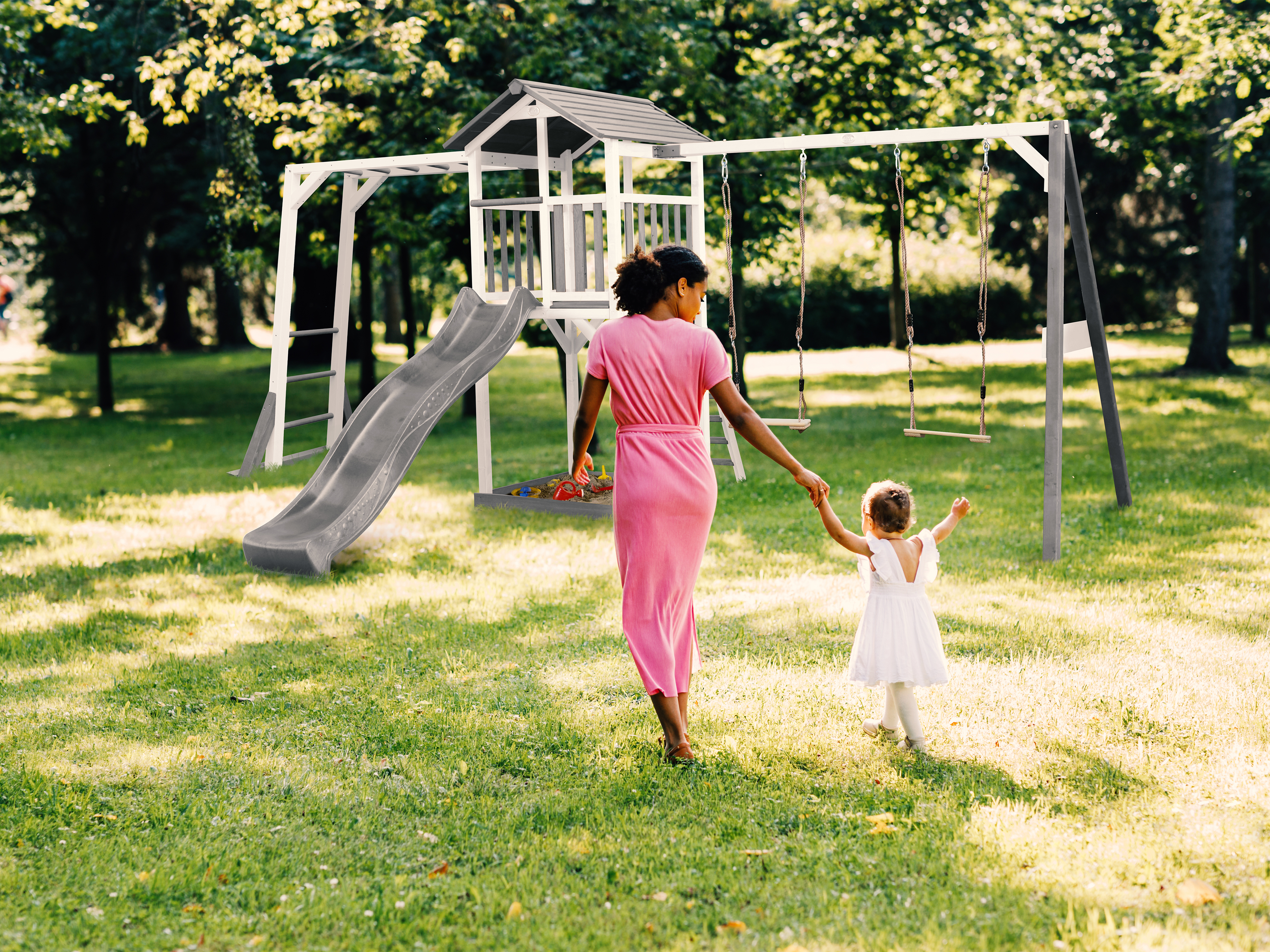 AXI Beach Tower with Climbing Frame and Double Swing Set Grey/White - Grey Slide