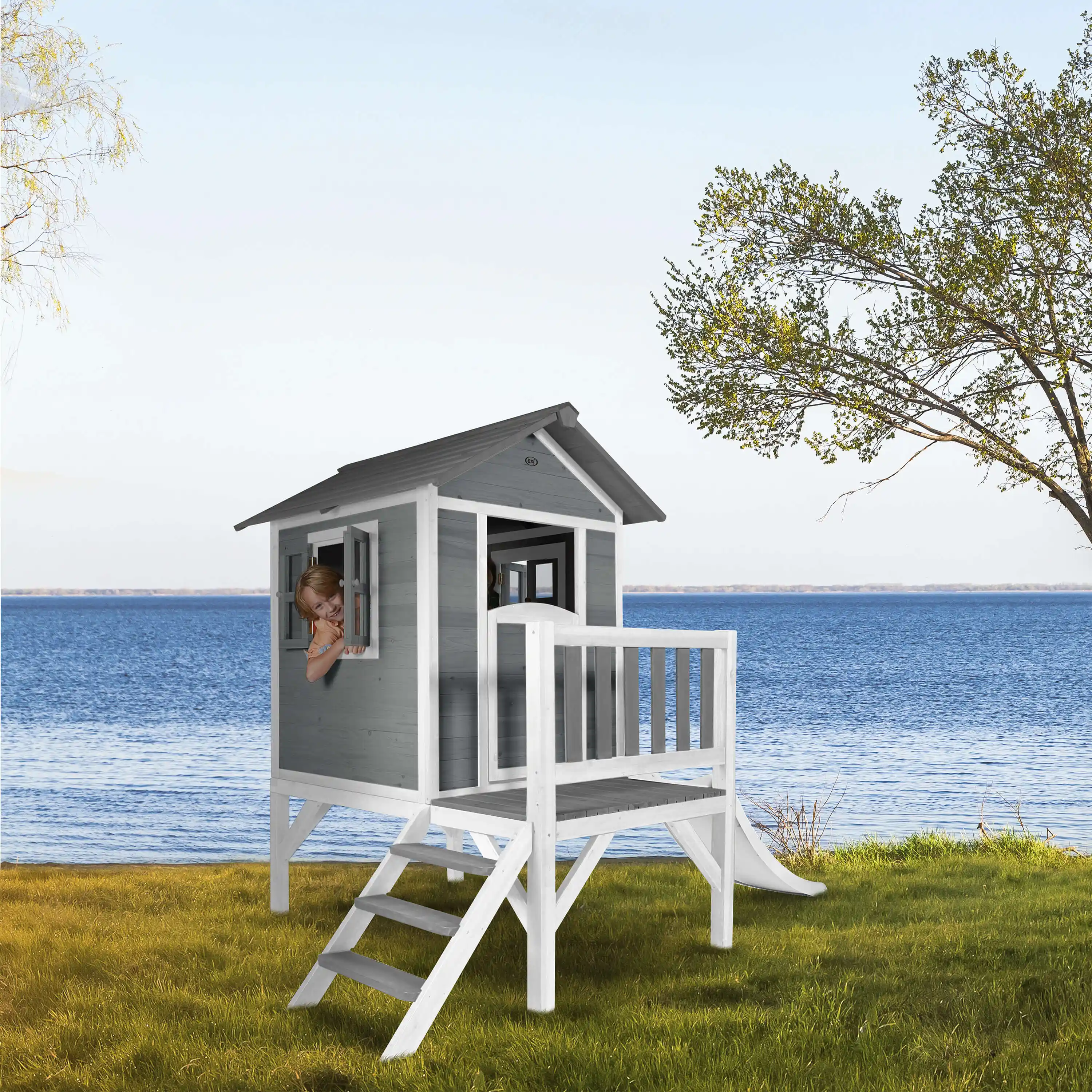 AXI Lodge XL Speelhuis Cool Grijs - Witte Glijbaan