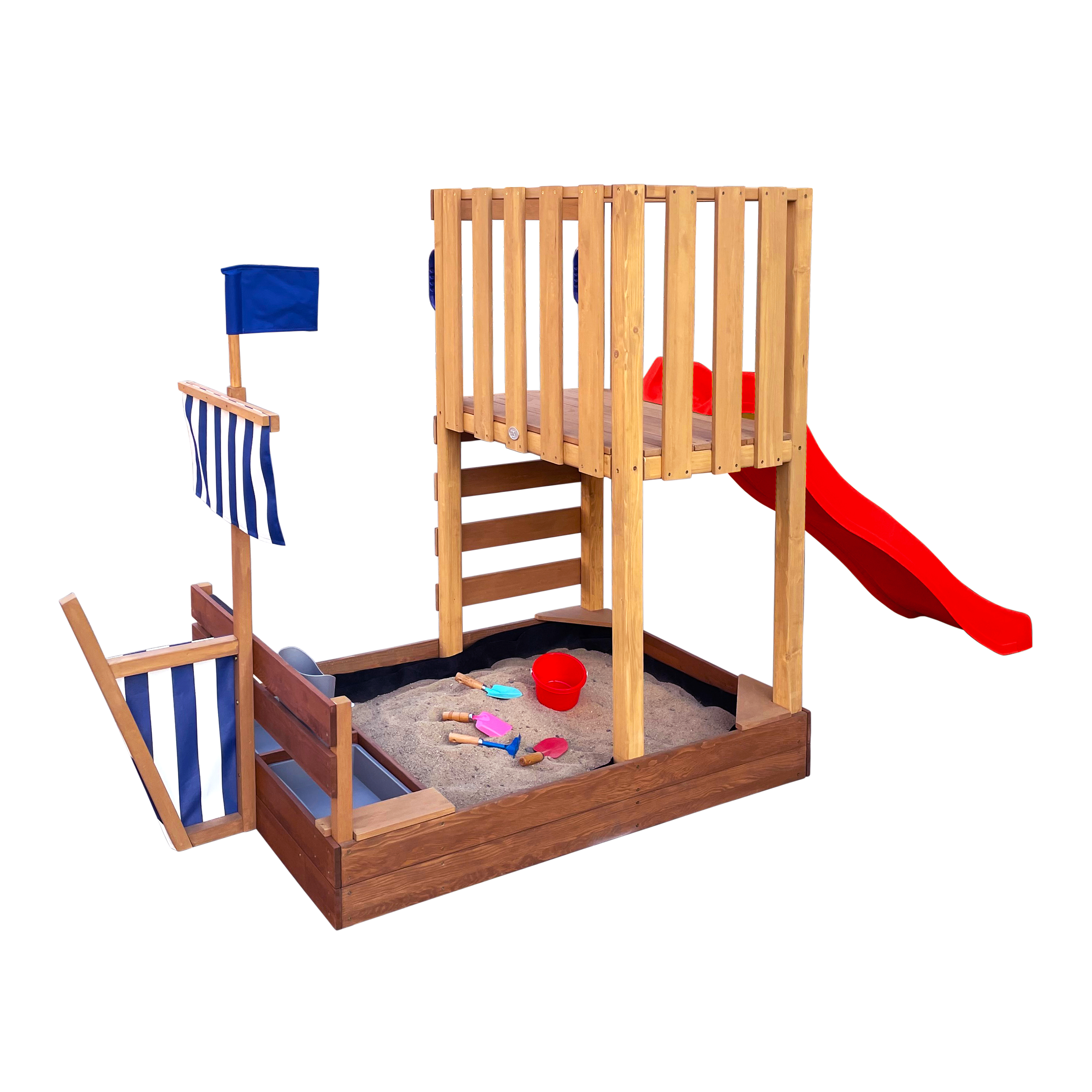 AXI Vicky Climbing Frame with Sandbox. Play Kitchen & Chalkboard – Red Slide