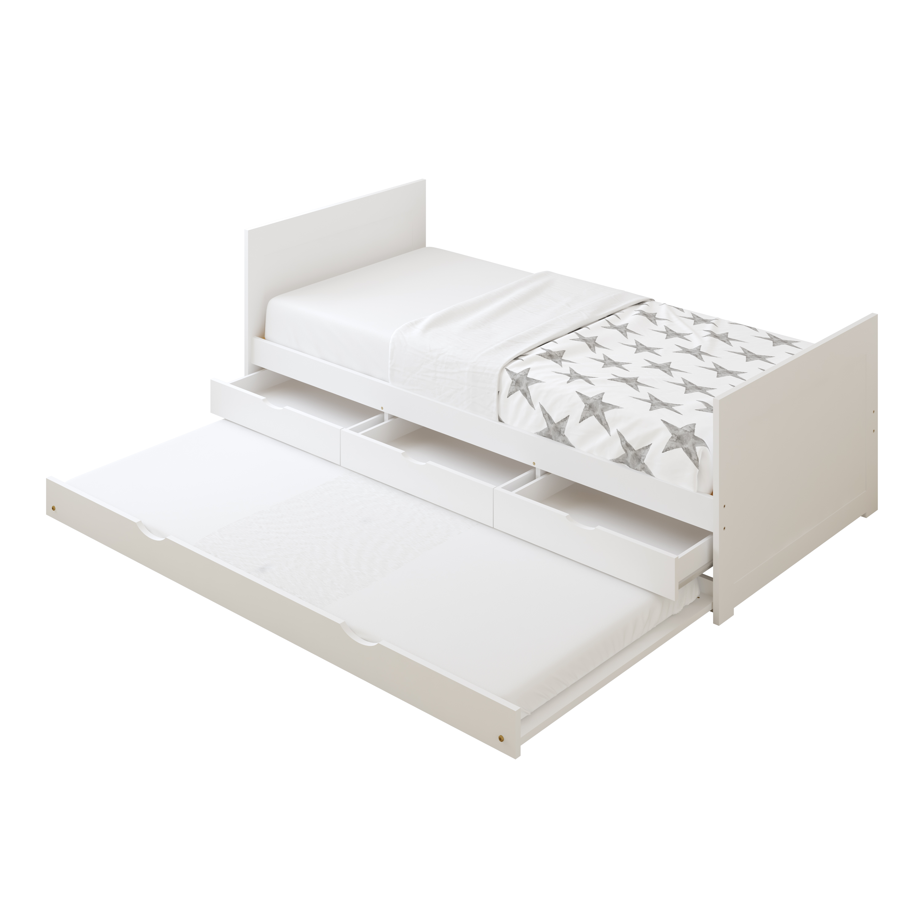 Sunny Eli Kids Bed with Pull-Out Bed and 3 Storage Drawers White – With Mattress