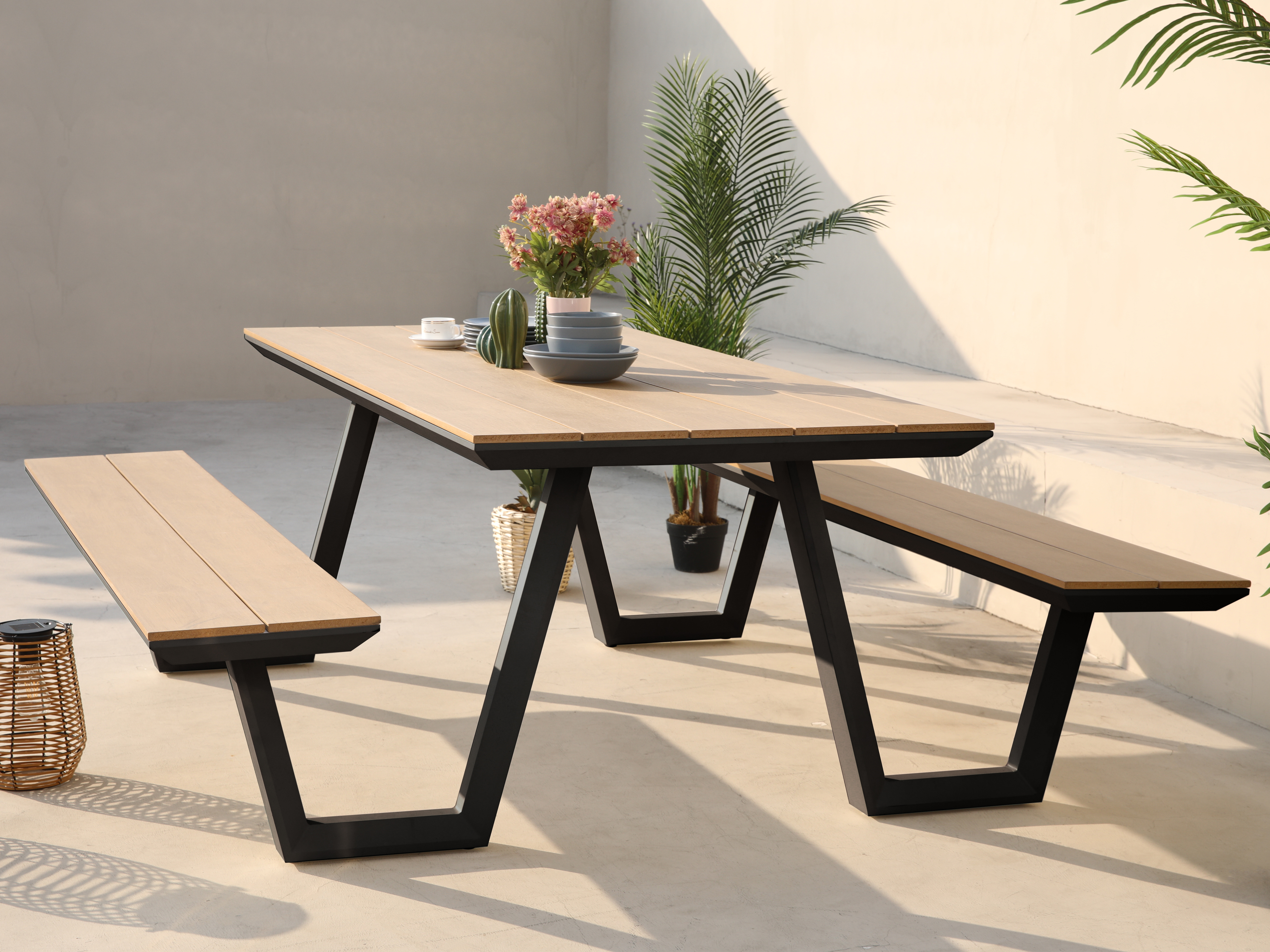 AXI Nori Picnic Table with 2 Benches Anthracite/Teak-look Polywood