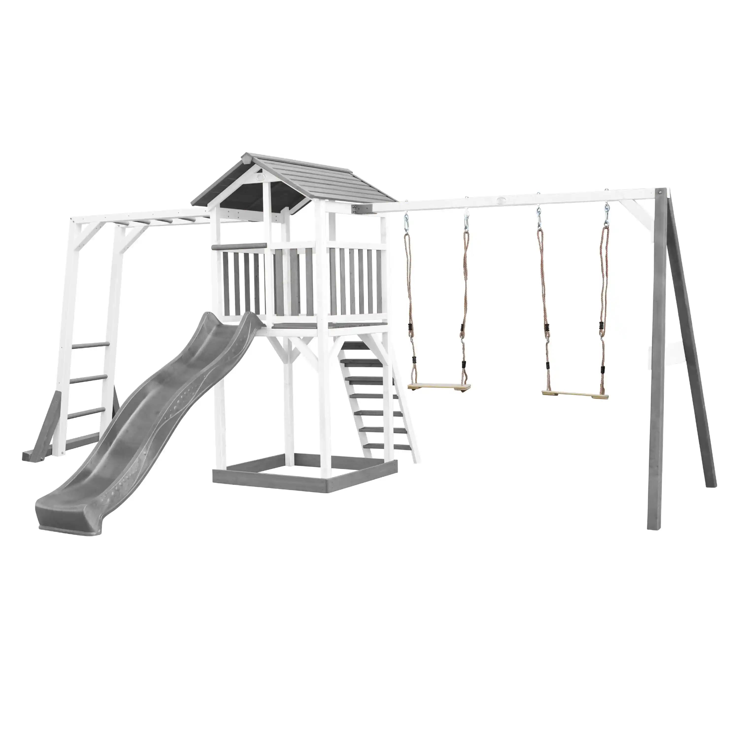 AXI Beach Tower Speeltoren met Klimrek en Dubbele Schommel Grijs/wit - Grijze Glijbaan